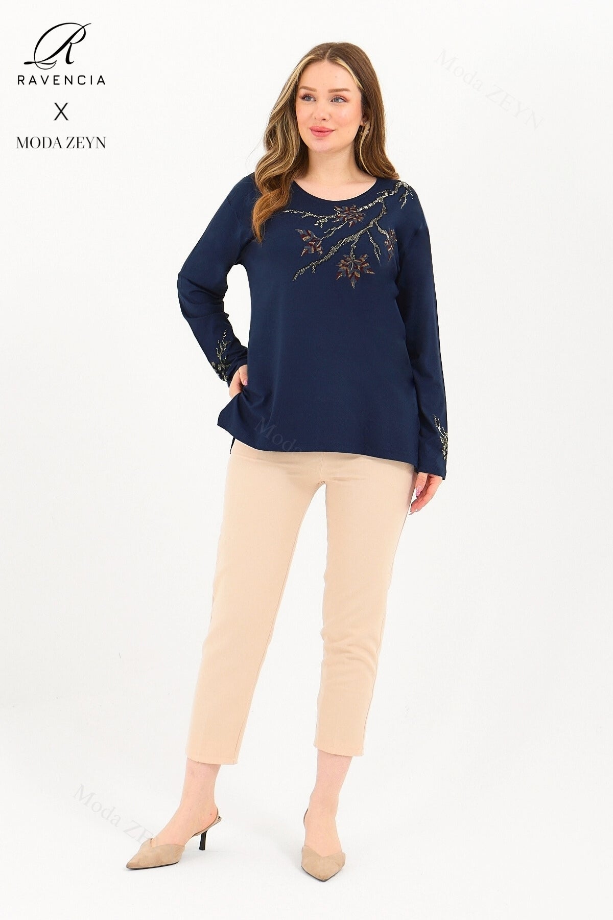 Kadın Orta Yaş Ve Üzeri Viskon Renkli Yaprak Desenli Taşlı İşlemeli Likralı Kahverengi Anne Penye Bl