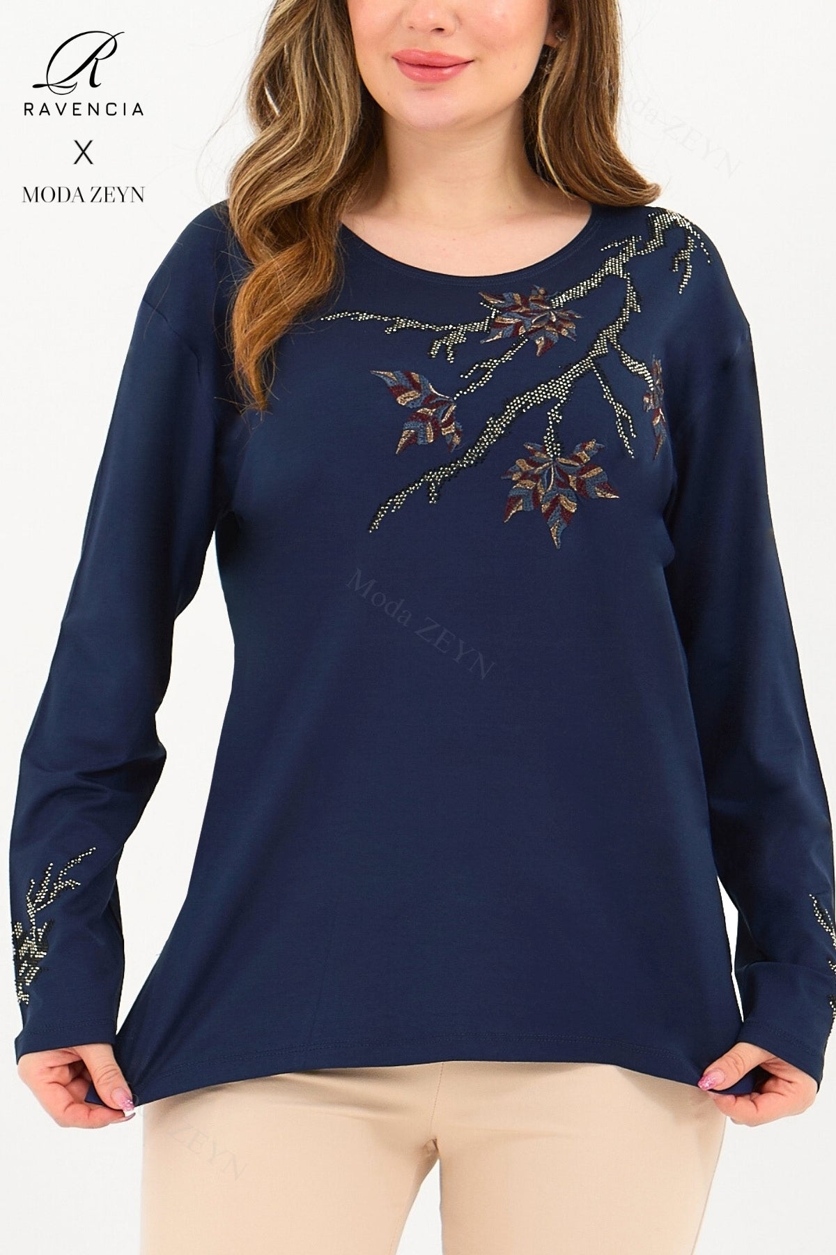 Kadın Orta Yaş Ve Üzeri Viskon Renkli Yaprak Desenli Taşlı İşlemeli Likralı Kahverengi Anne Penye Bl