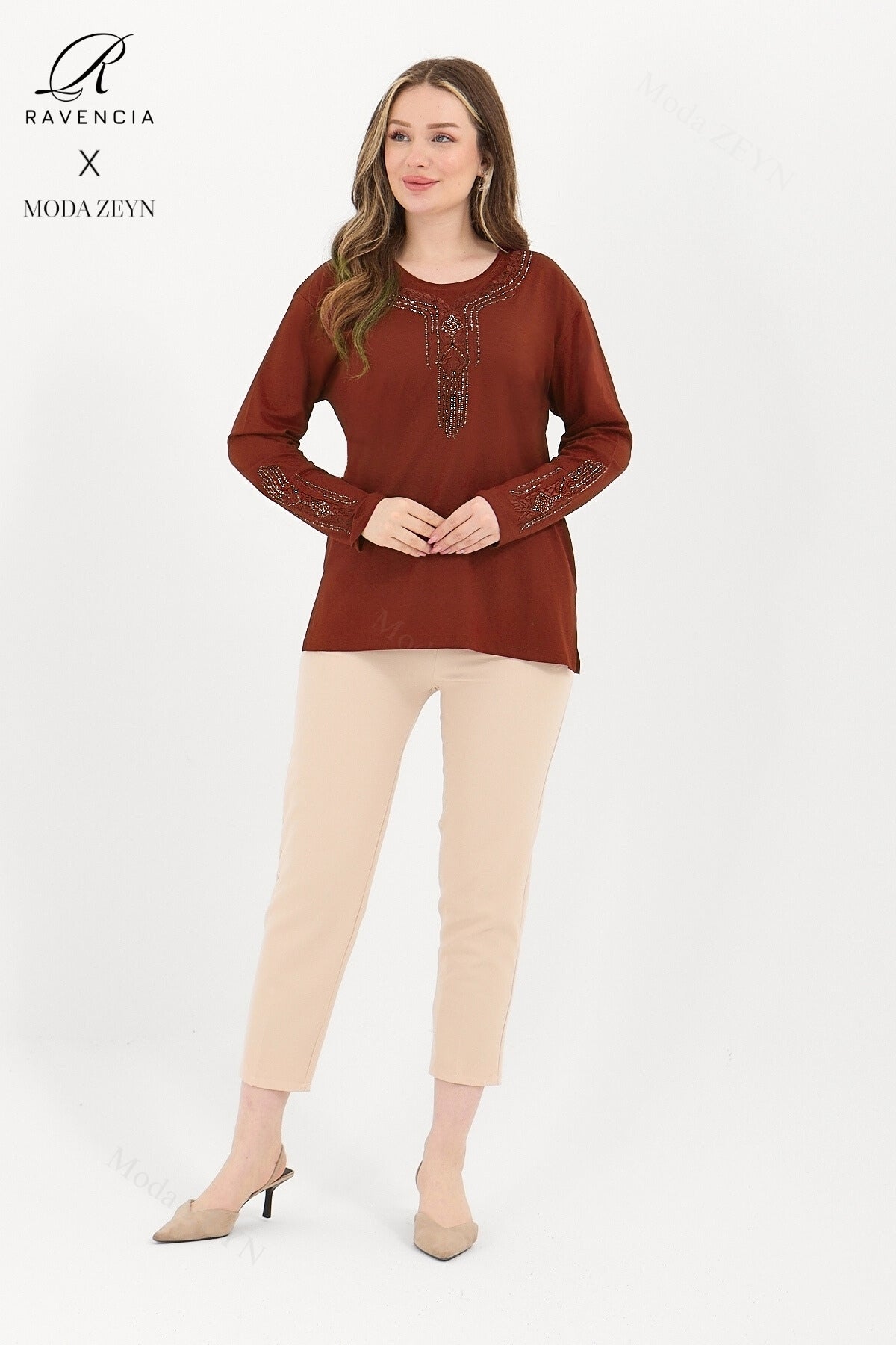 Kadın Orta Yaş Ve Üzeri Viskon Madolyon Desen Taşlı Işlemeli Likralı Anne Penye Bluz