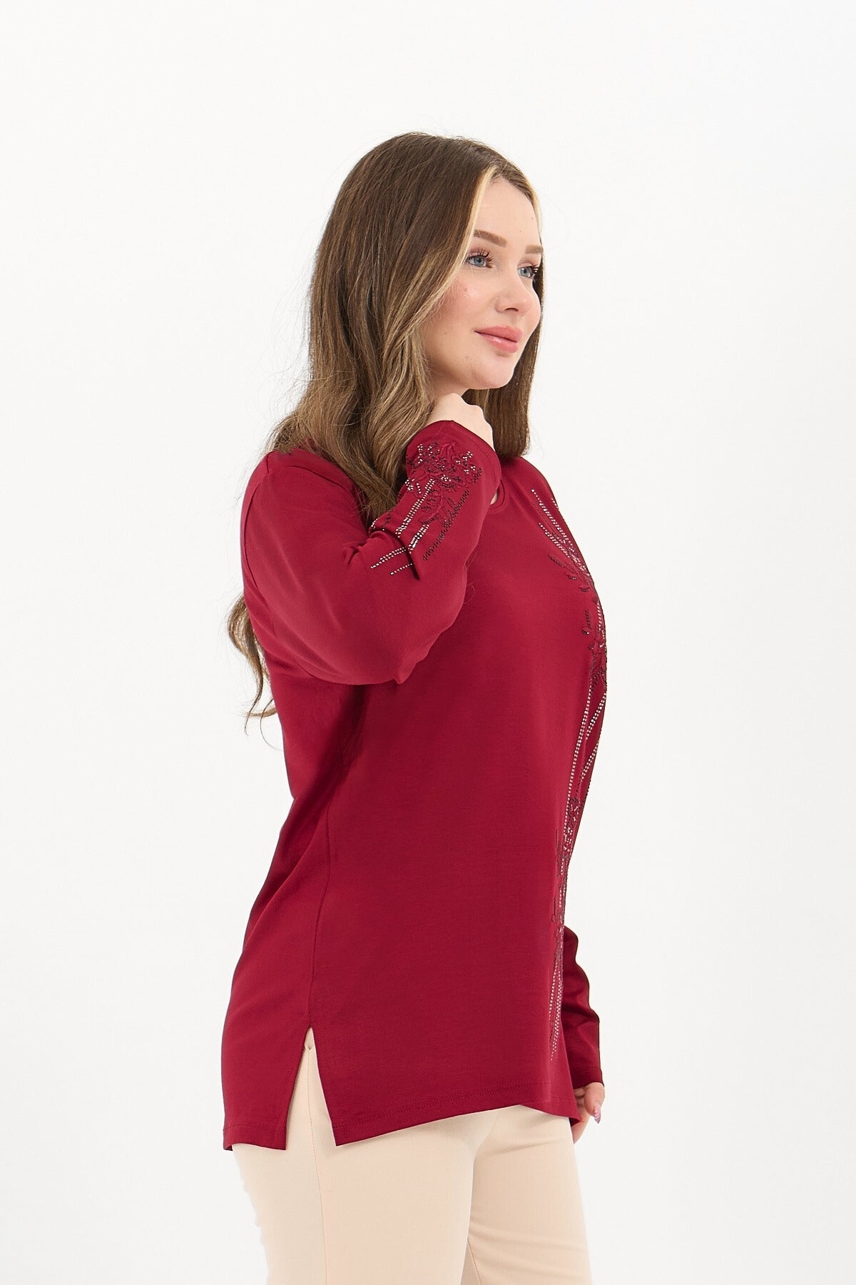 Kadın Kışlık Orta Yaş Ve Üzeri Viskon Şerit Desen Taşlı Işlemeli Likralı Anne Penye Bluz