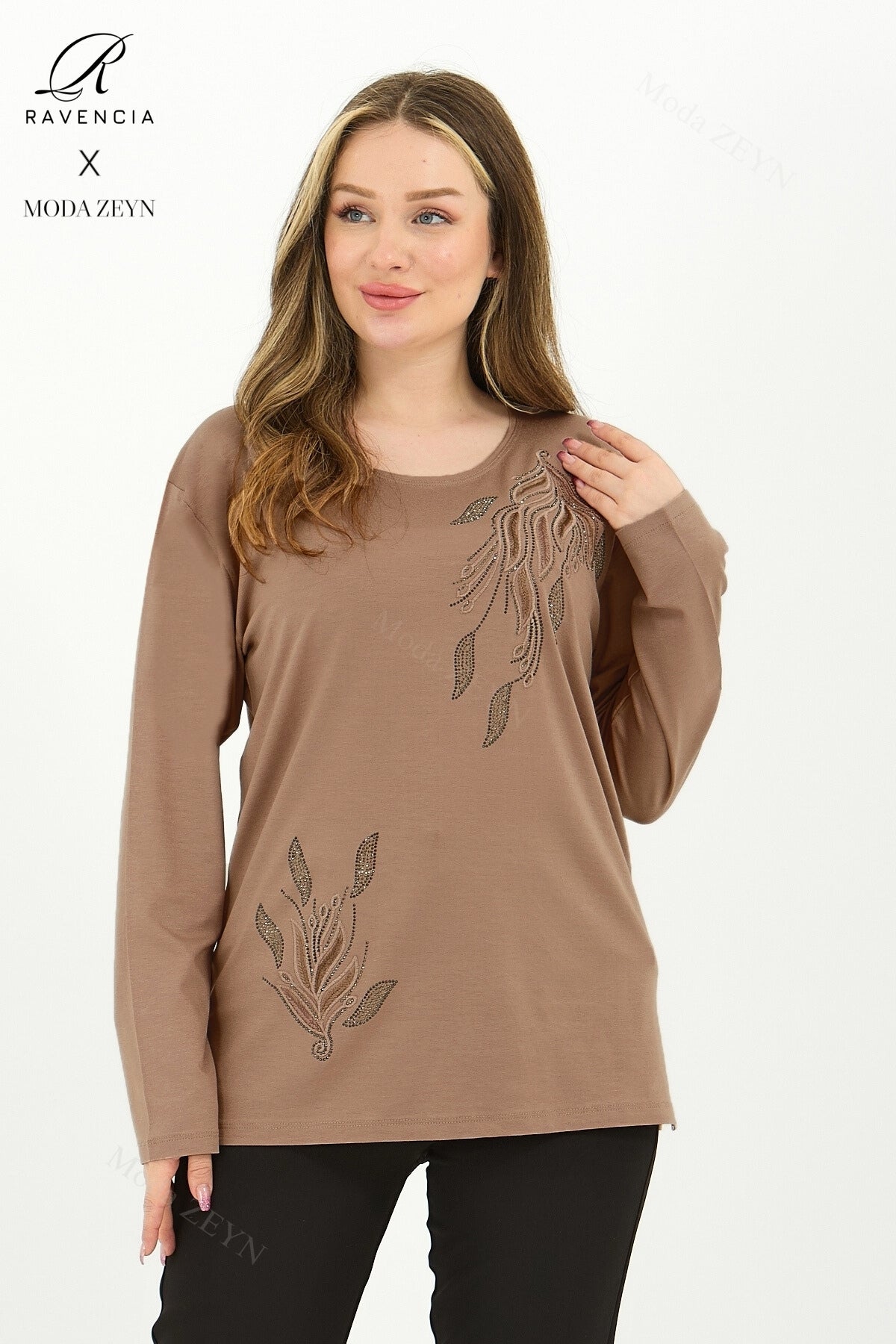 Kadın Orta Yaş Ve Üzeri Viskon Renkli Yaprak Desen Taşlı İşlemeli Likralı Anne Penye Bluz