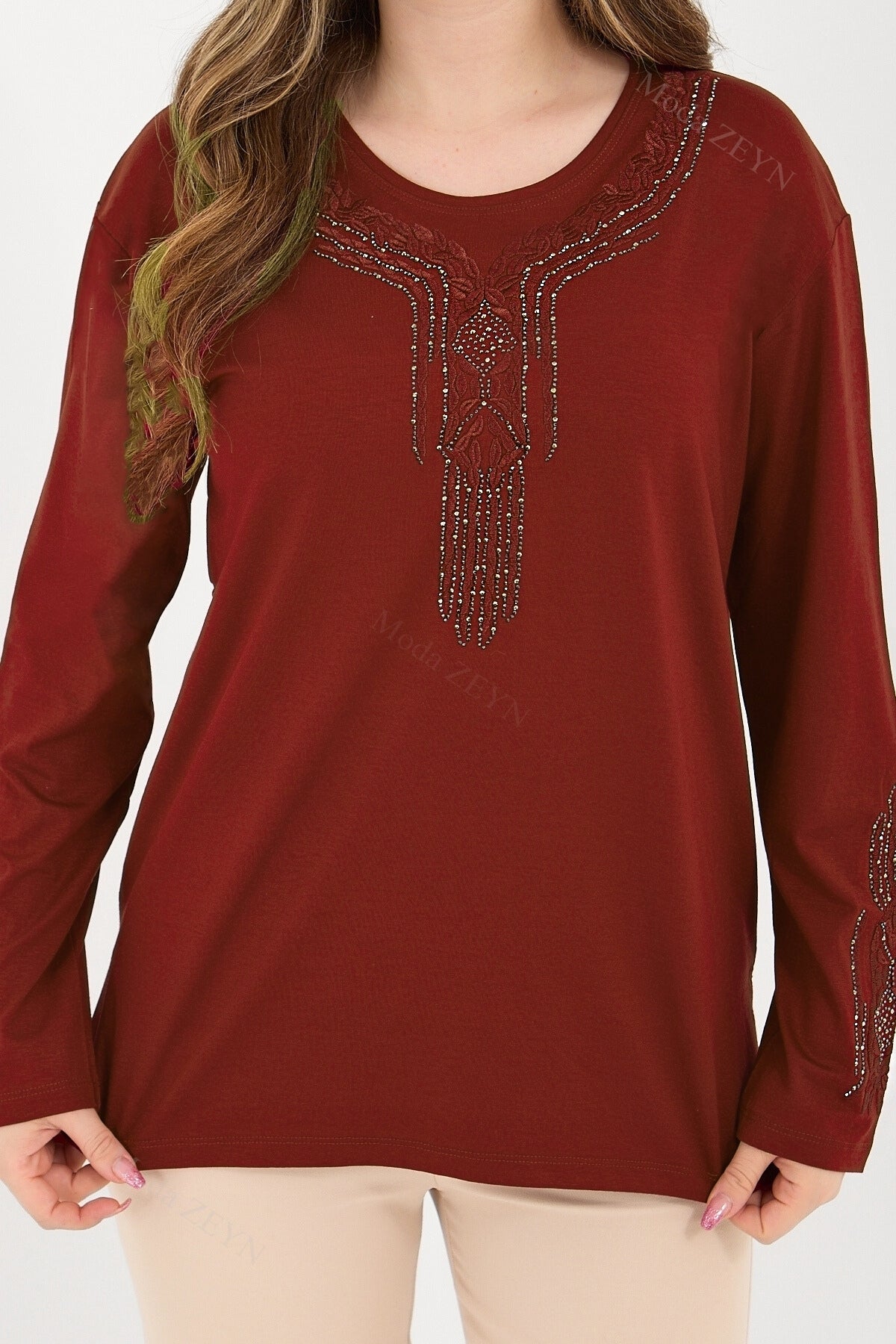 Kadın Orta Yaş Ve Üzeri Viskon Madolyon Desen Taşlı Işlemeli Likralı Anne Penye Bluz