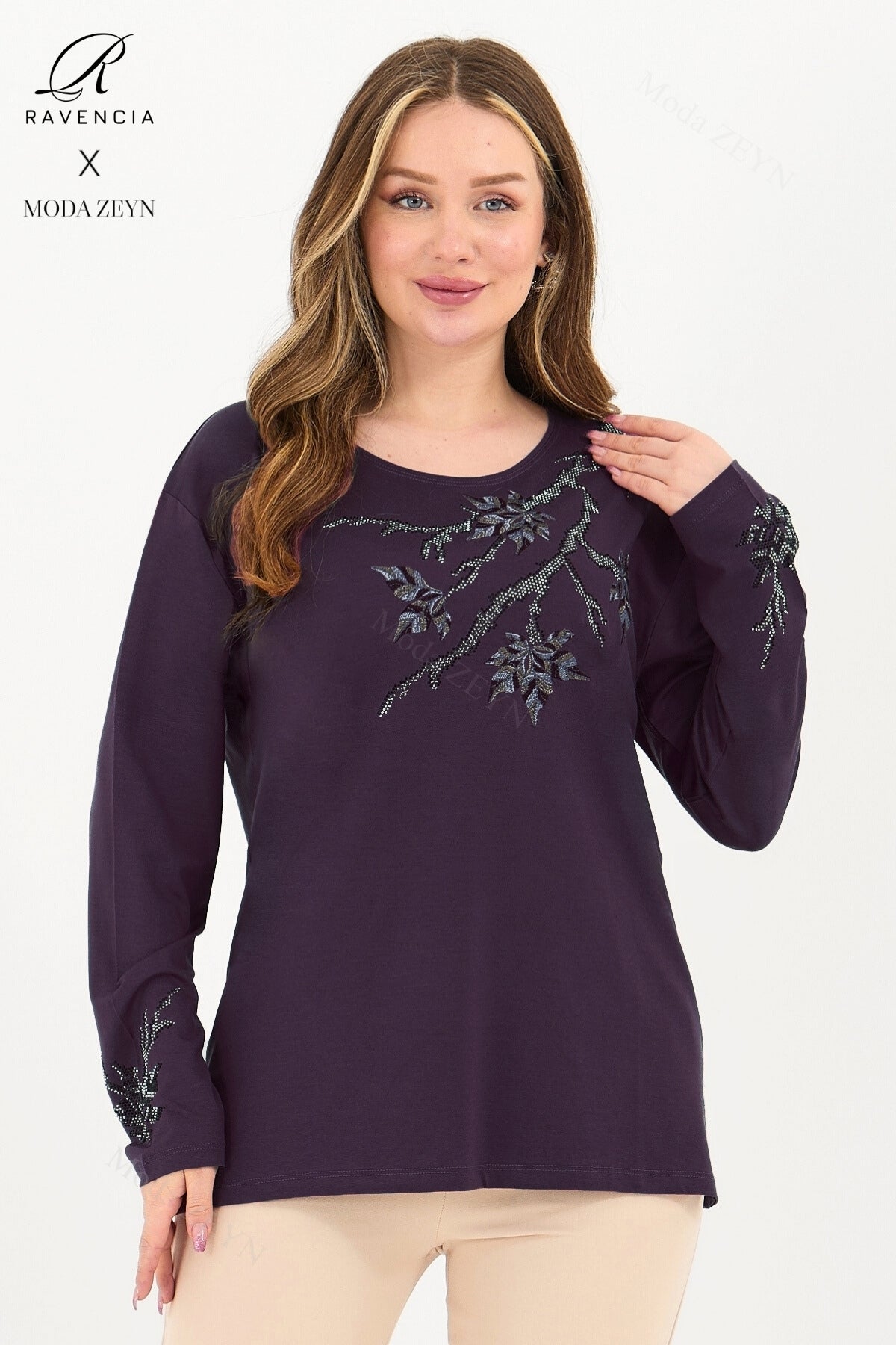 Kadın Orta Yaş Ve Üzeri Viskon Renkli Yaprak Desenli Taşlı İşlemeli Likralı Kahverengi Anne Penye Bl