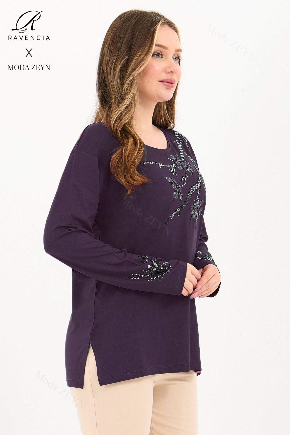 Kadın Orta Yaş Ve Üzeri Viskon Renkli Yaprak Desenli Taşlı İşlemeli Likralı Kahverengi Anne Penye Bl