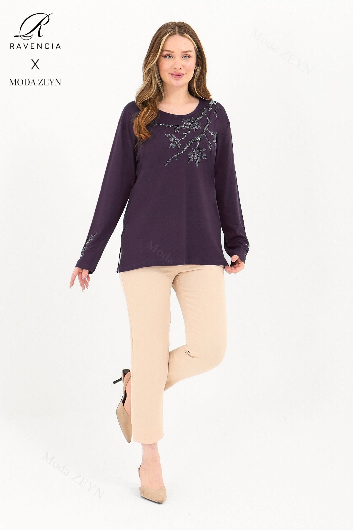 Kadın Orta Yaş Ve Üzeri Viskon Renkli Yaprak Desenli Taşlı İşlemeli Likralı Kahverengi Anne Penye Bl