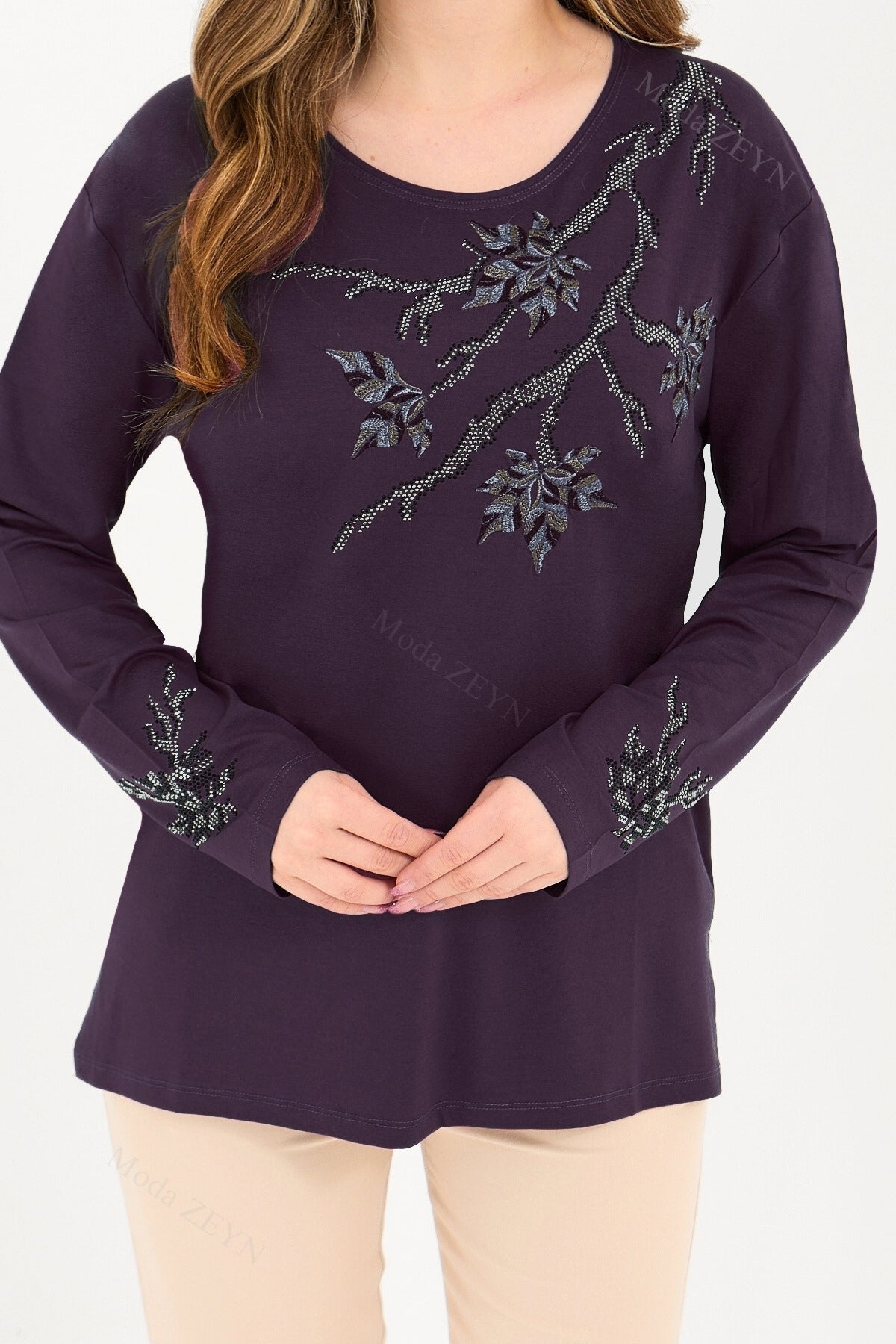 Kadın Orta Yaş Ve Üzeri Viskon Renkli Yaprak Desenli Taşlı İşlemeli Likralı Kahverengi Anne Penye Bl