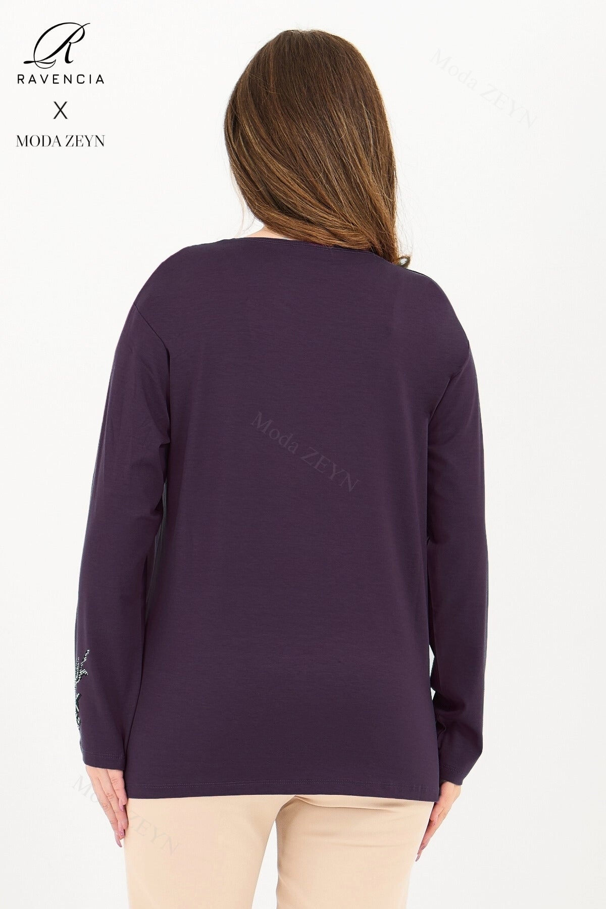 Kadın Orta Yaş Ve Üzeri Viskon Renkli Yaprak Desenli Taşlı İşlemeli Likralı Kahverengi Anne Penye Bl