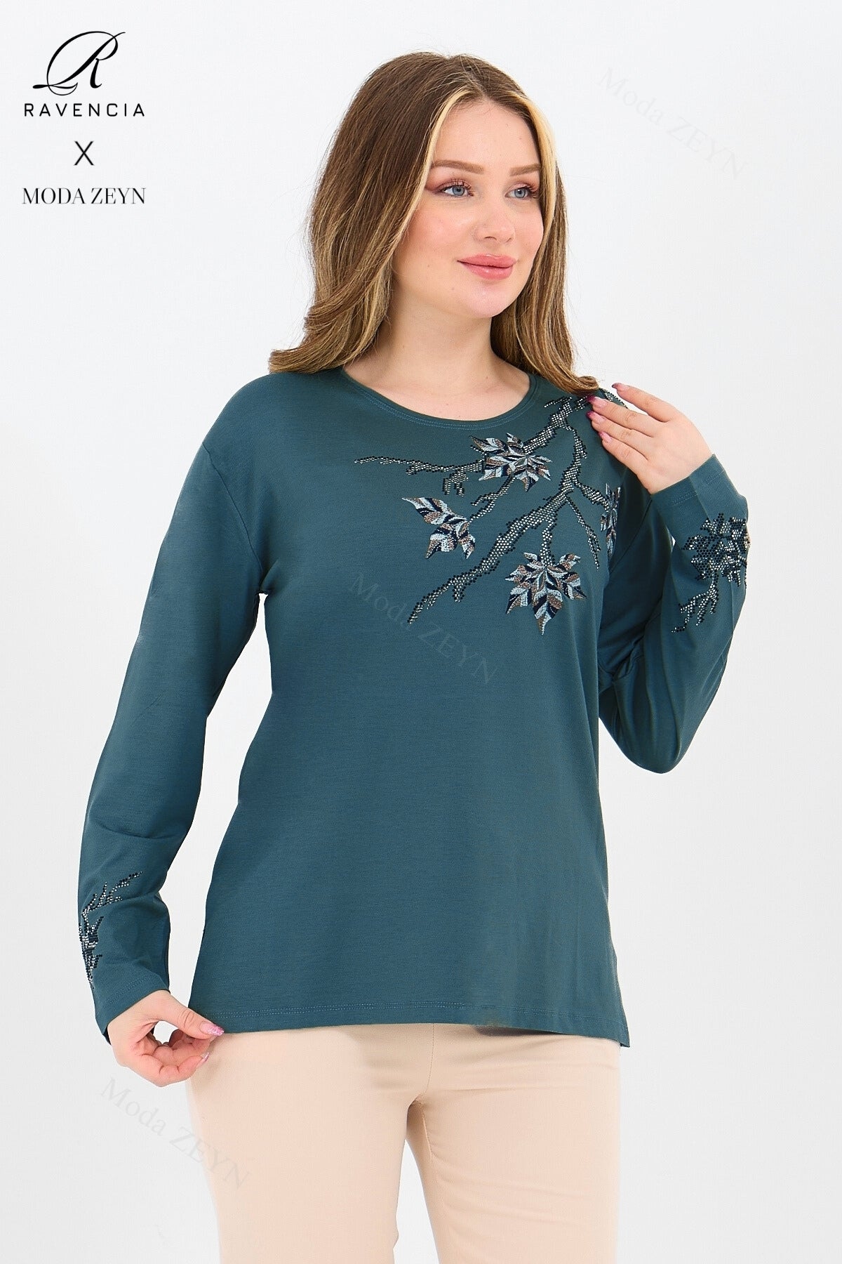 Kadın Orta Yaş Ve Üzeri Viskon Renkli Yaprak Desenli Taşlı İşlemeli Likralı Kahverengi Anne Penye Bl