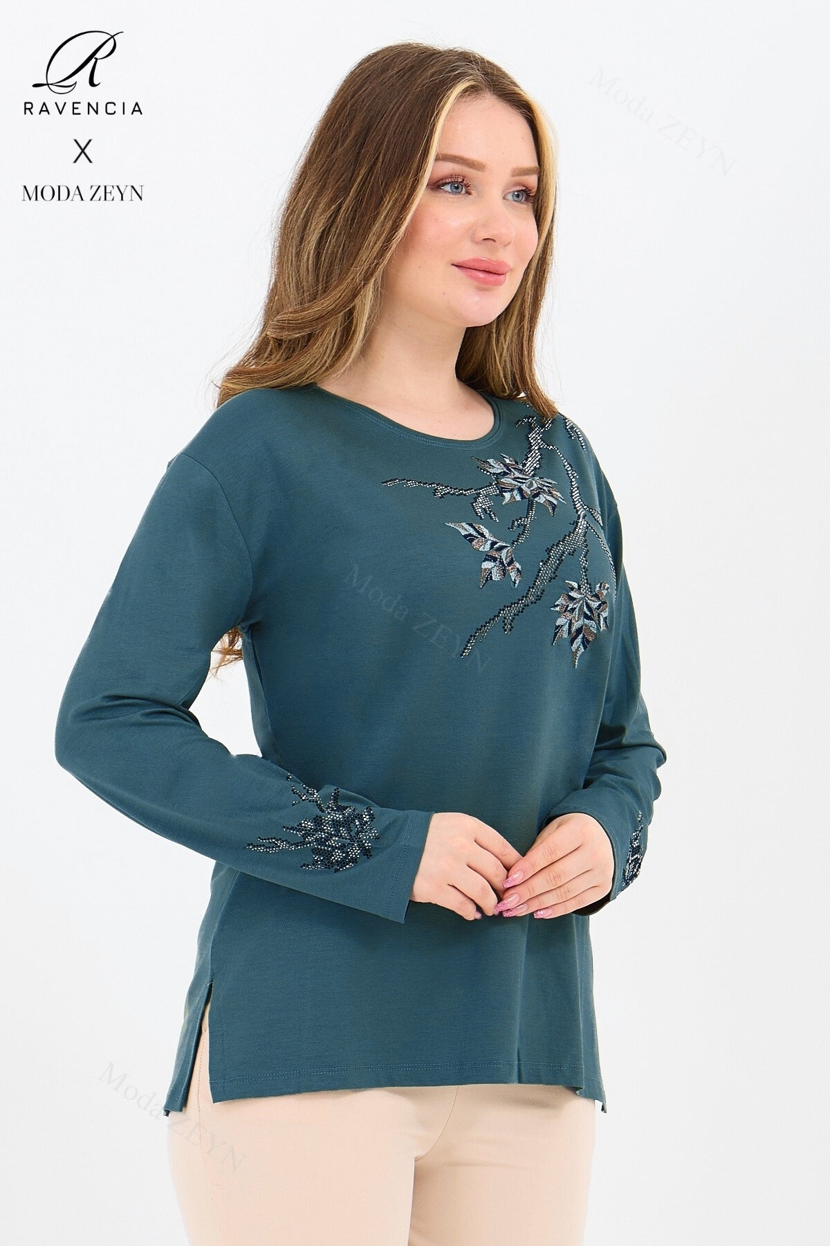 Kadın Orta Yaş Ve Üzeri Viskon Renkli Yaprak Desenli Taşlı İşlemeli Likralı Kahverengi Anne Penye Bl