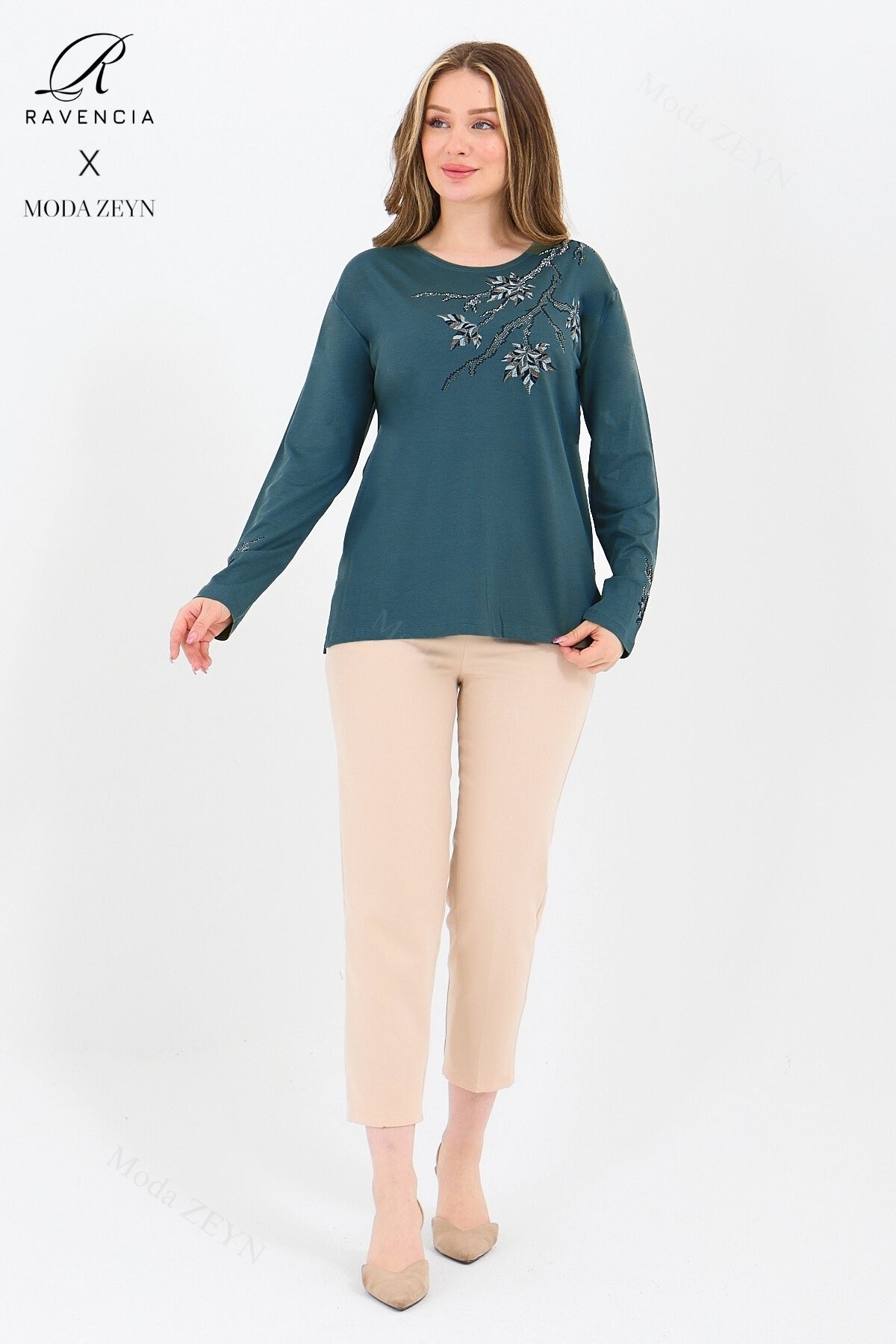 Kadın Orta Yaş Ve Üzeri Viskon Renkli Yaprak Desenli Taşlı İşlemeli Likralı Kahverengi Anne Penye Bl