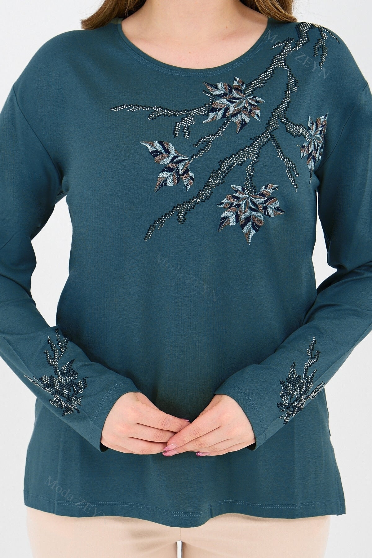 Kadın Orta Yaş Ve Üzeri Viskon Renkli Yaprak Desenli Taşlı İşlemeli Likralı Kahverengi Anne Penye Bl