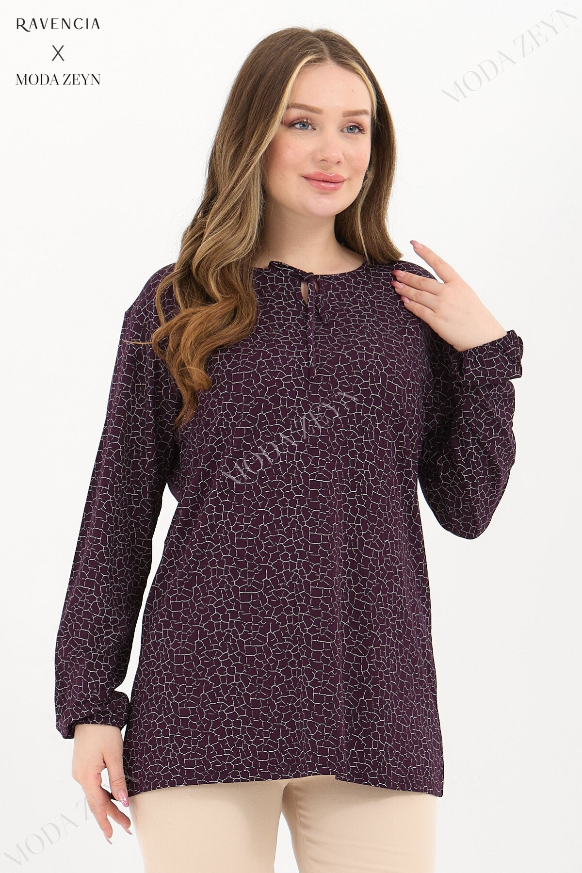 Kadın Orta Yaş Ve Üzeri Cam Kırığı Desen Likralı Mavi-Beyaz Anne Penye Bluz