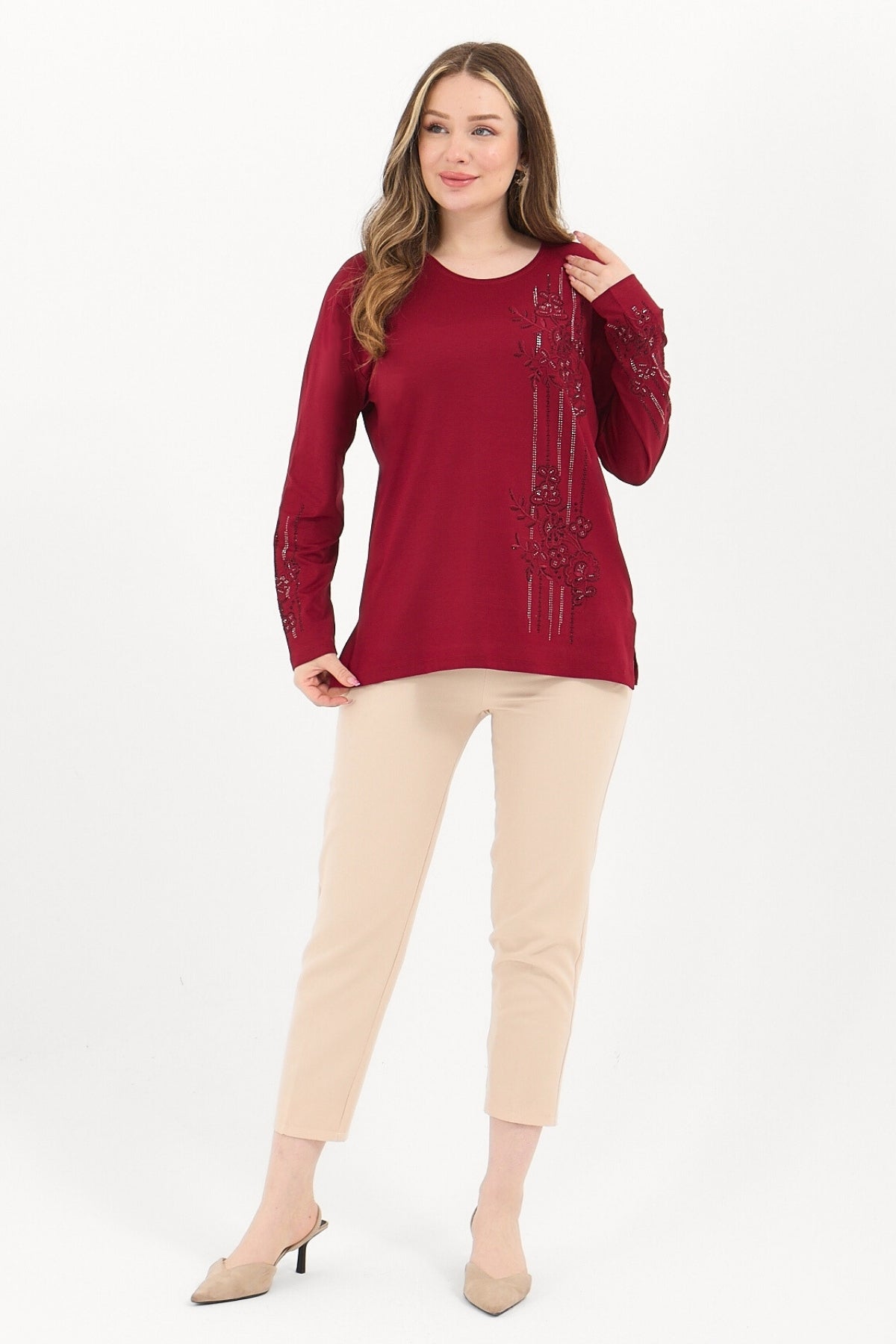 Kadın Kışlık Orta Yaş Ve Üzeri Viskon Şerit Desen Taşlı Işlemeli Likralı Anne Penye Bluz