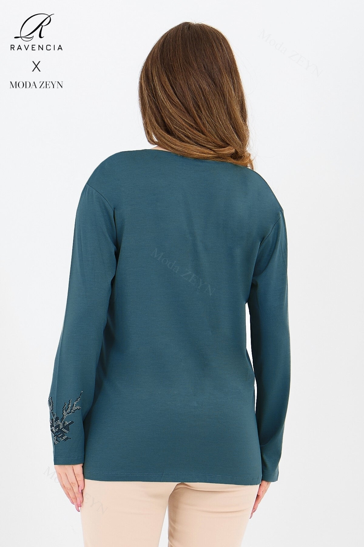 Kadın Orta Yaş Ve Üzeri Viskon Renkli Yaprak Desenli Taşlı İşlemeli Likralı Kahverengi Anne Penye Bl