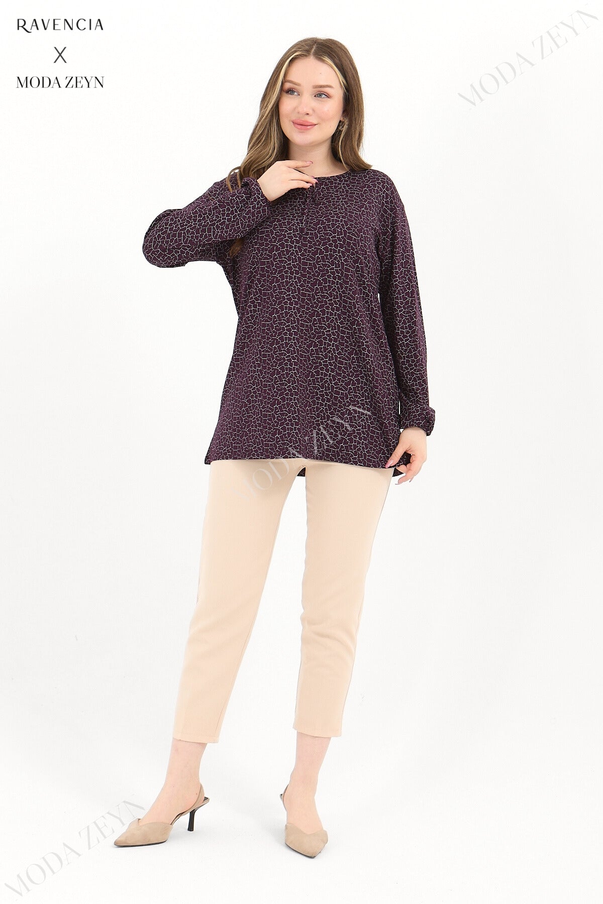 Kadın Orta Yaş Ve Üzeri Cam Kırığı Desen Likralı Mavi-Beyaz Anne Penye Bluz