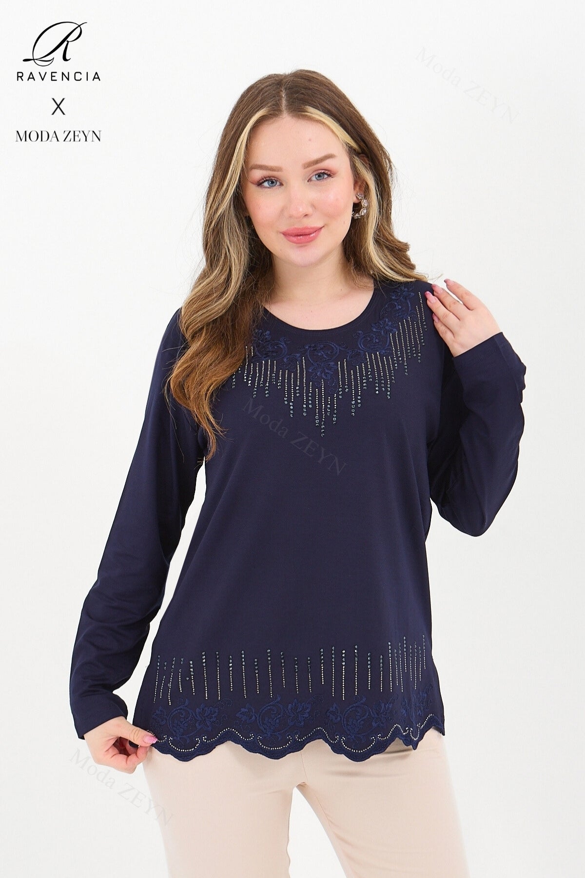 Kadın Orta Yaş Ve Üzeri Viskon Damla Yaprak Desen Taşlı Işlemeli Likralı Zümrüt Anne Penye Bluz