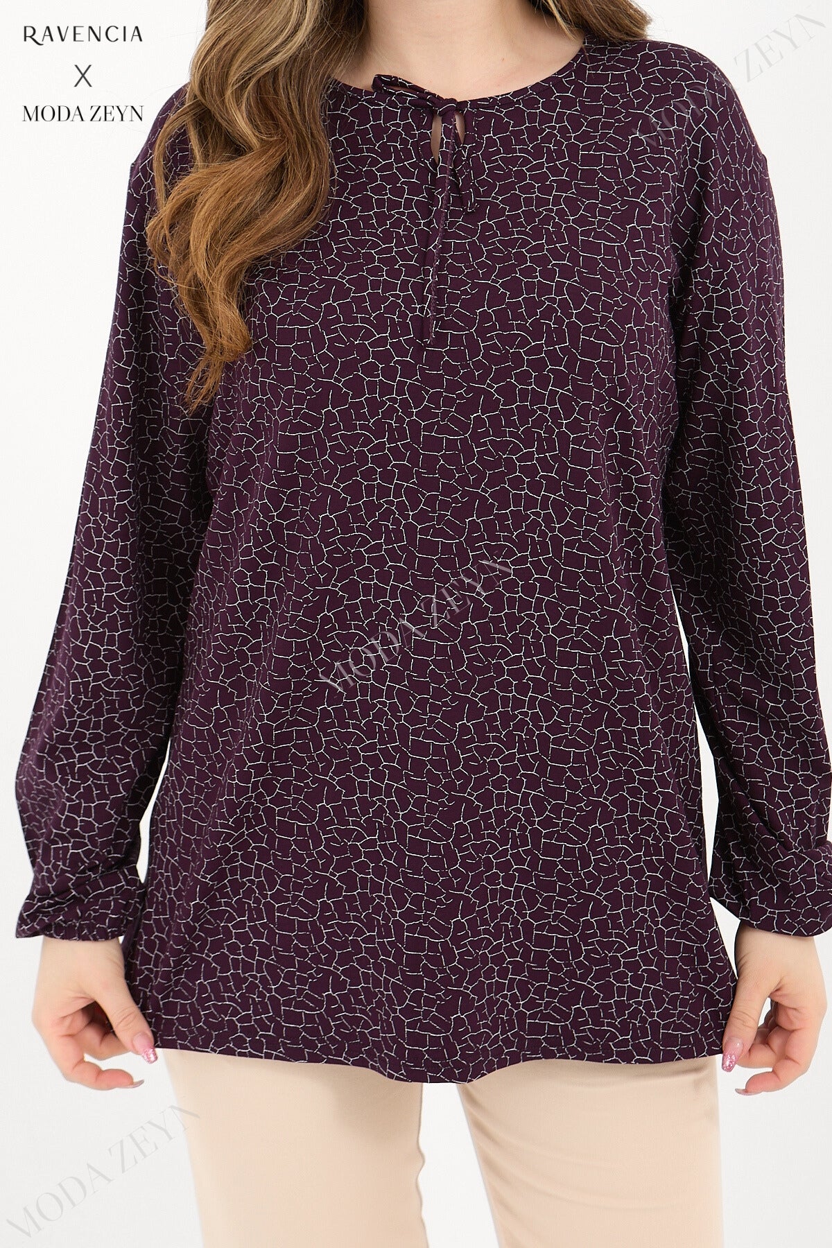 Kadın Orta Yaş Ve Üzeri Cam Kırığı Desen Likralı Mavi-Beyaz Anne Penye Bluz