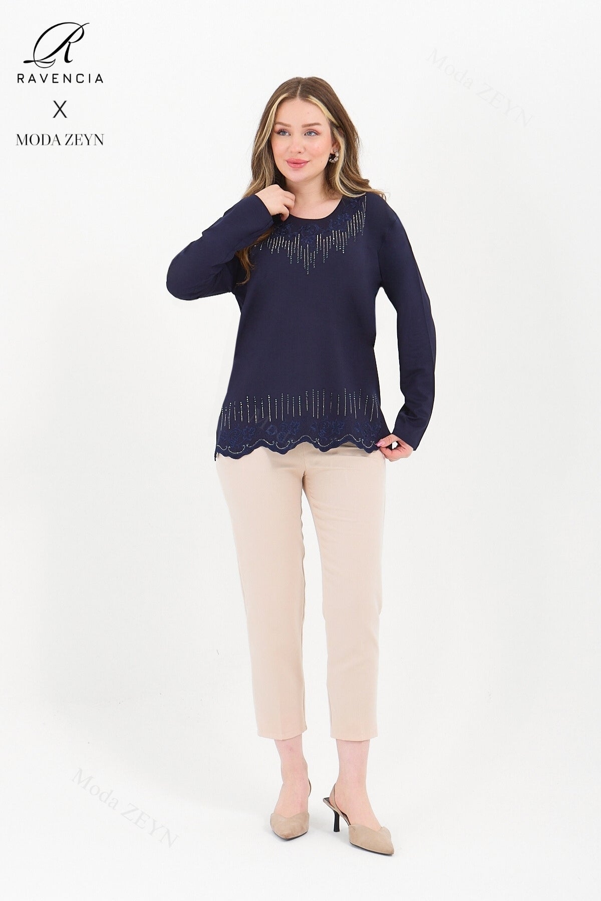 Kadın Orta Yaş Ve Üzeri Viskon Damla Yaprak Desen Taşlı Işlemeli Likralı Zümrüt Anne Penye Bluz