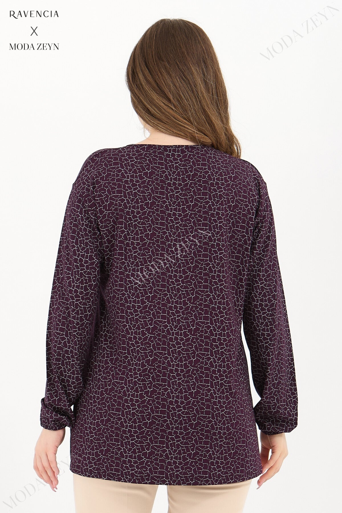 Kadın Orta Yaş Ve Üzeri Cam Kırığı Desen Likralı Mavi-Beyaz Anne Penye Bluz