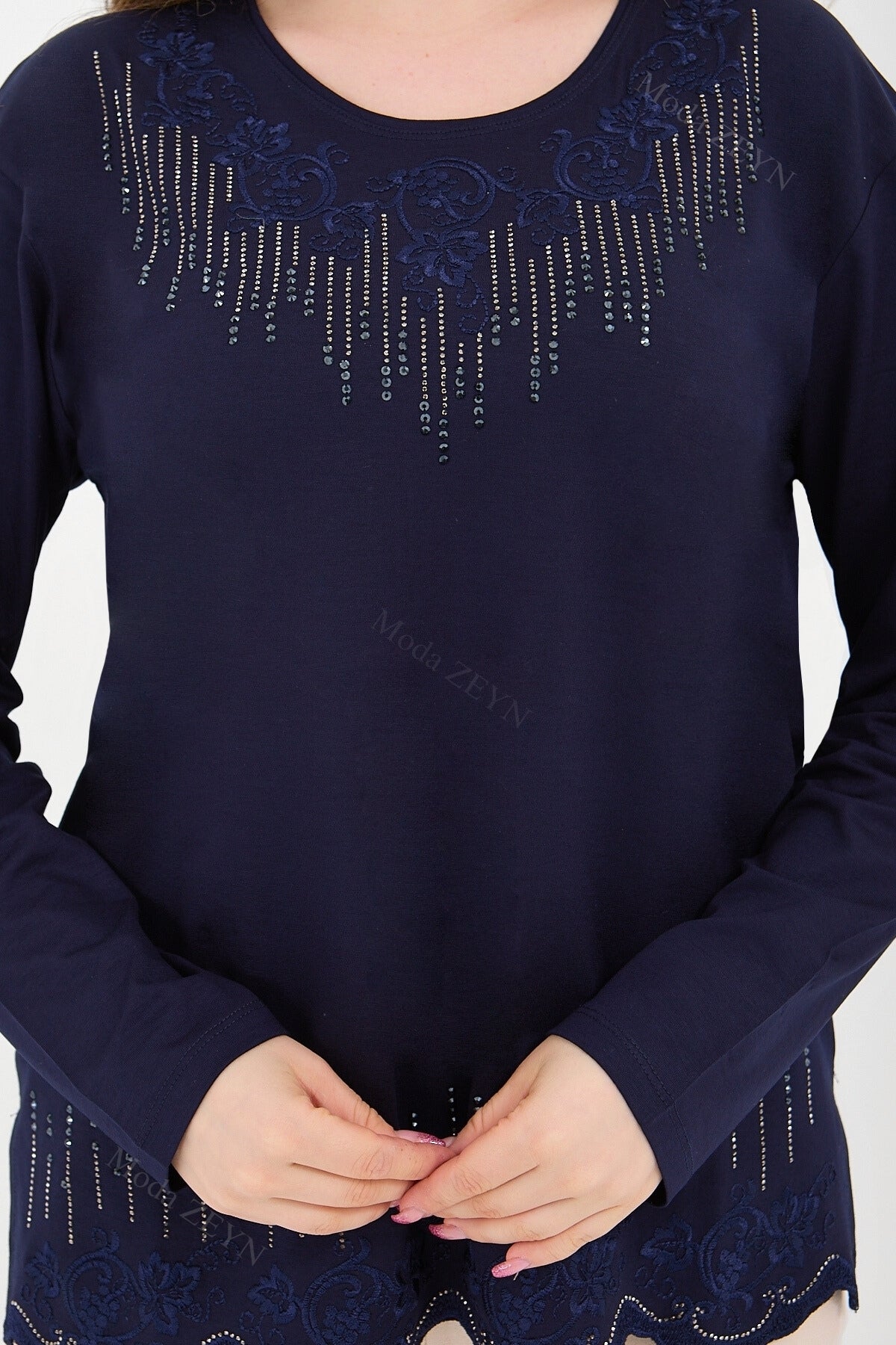 Kadın Orta Yaş Ve Üzeri Viskon Damla Yaprak Desen Taşlı Işlemeli Likralı Zümrüt Anne Penye Bluz