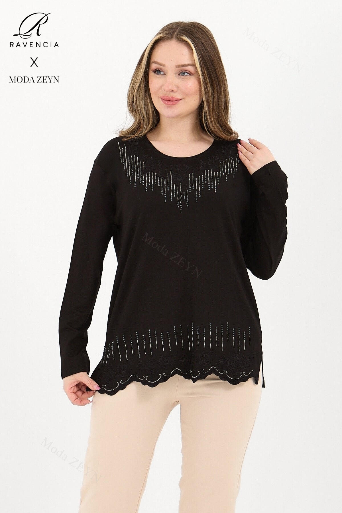 Kadın Orta Yaş Ve Üzeri Viskon Damla Yaprak Desen Taşlı Işlemeli Likralı Zümrüt Anne Penye Bluz