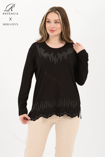 Kadın Orta Yaş Ve Üzeri Viskon Damla Desen Taşlı İşlemeli Likralı Bej Anne Penye Bluz