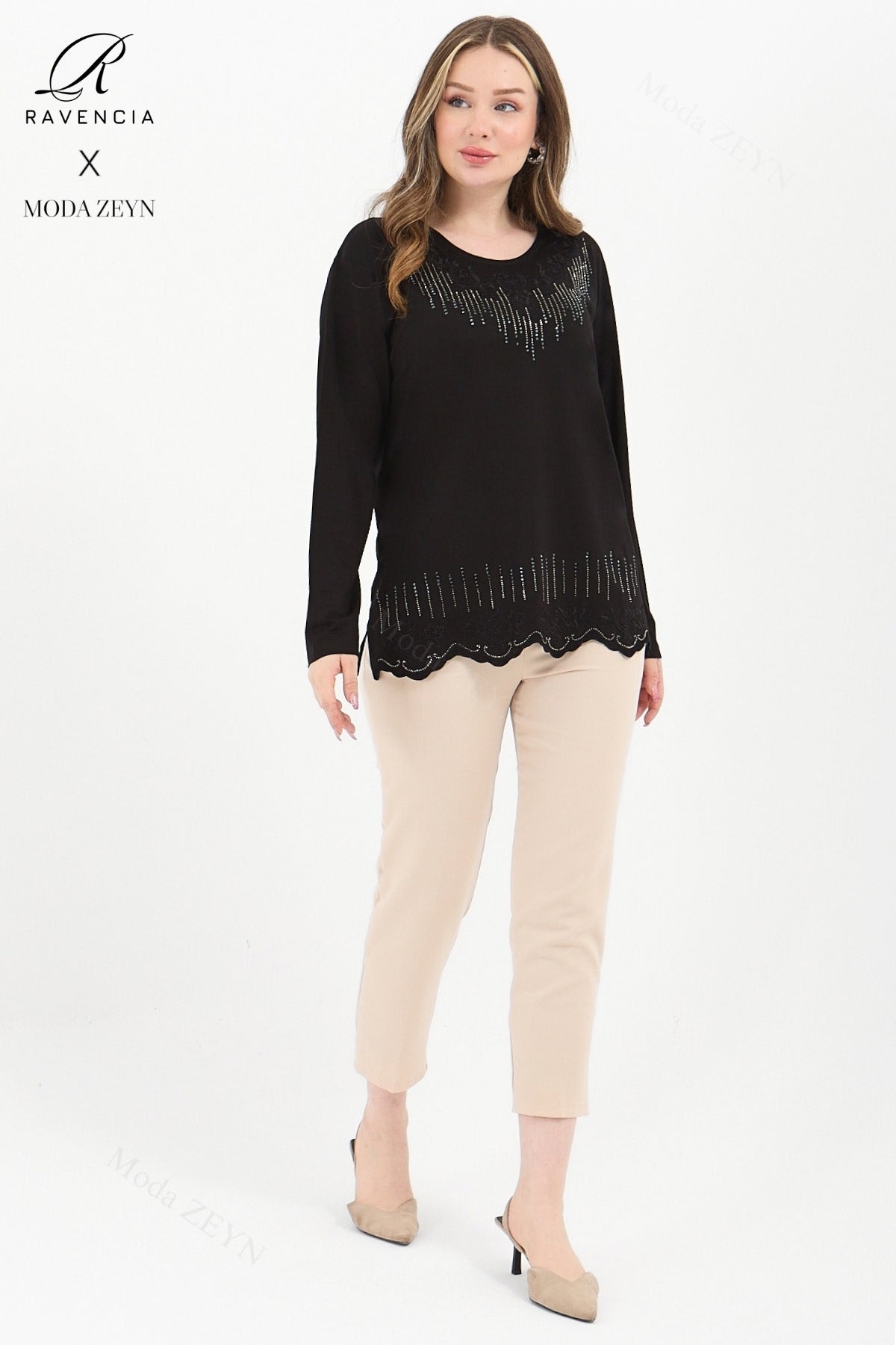 Kadın Orta Yaş Ve Üzeri Viskon Damla Yaprak Desen Taşlı Işlemeli Likralı Zümrüt Anne Penye Bluz