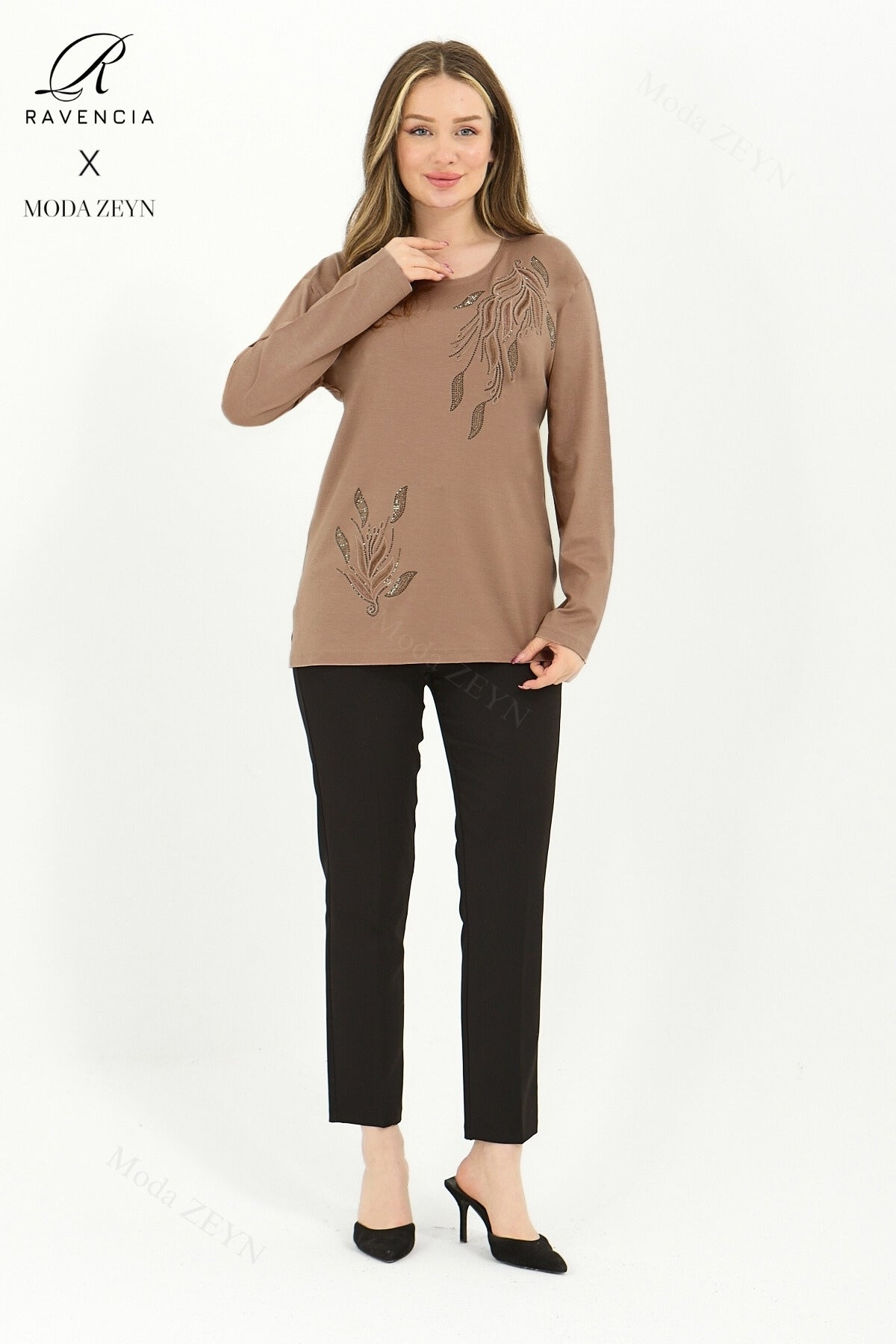 Kadın Viskon Renkli Yaprak Desen Taşlı İşlemeli Likralı Anne Penye Bluz