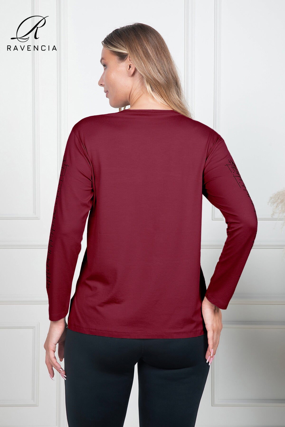 Kadın Orta Yaş Ve Üzeri Viskon Kumaş Çiçek Desenli Taşlı Işlemeli Likralı Bordo Anne Penye Bluz