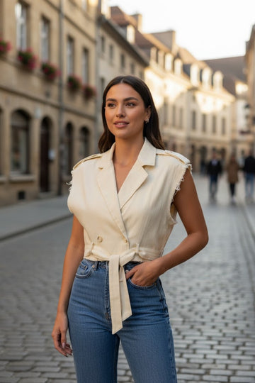 Kadın Cep Detaylı Ceket Yaka Düğmeli Kuşaklı Yelek