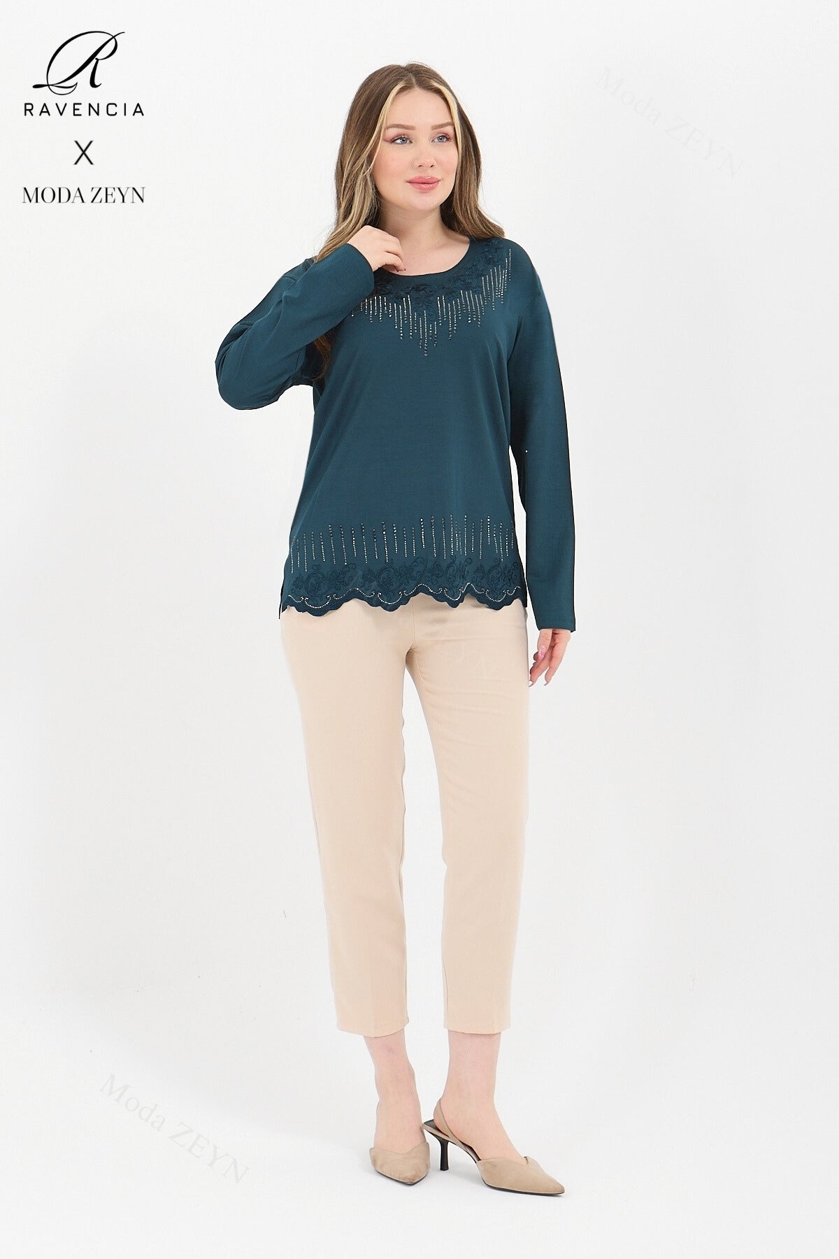 Kadın Orta Yaş Ve Üzeri Viskon Damla Yaprak Desen Taşlı Işlemeli Likralı Zümrüt Anne Penye Bluz