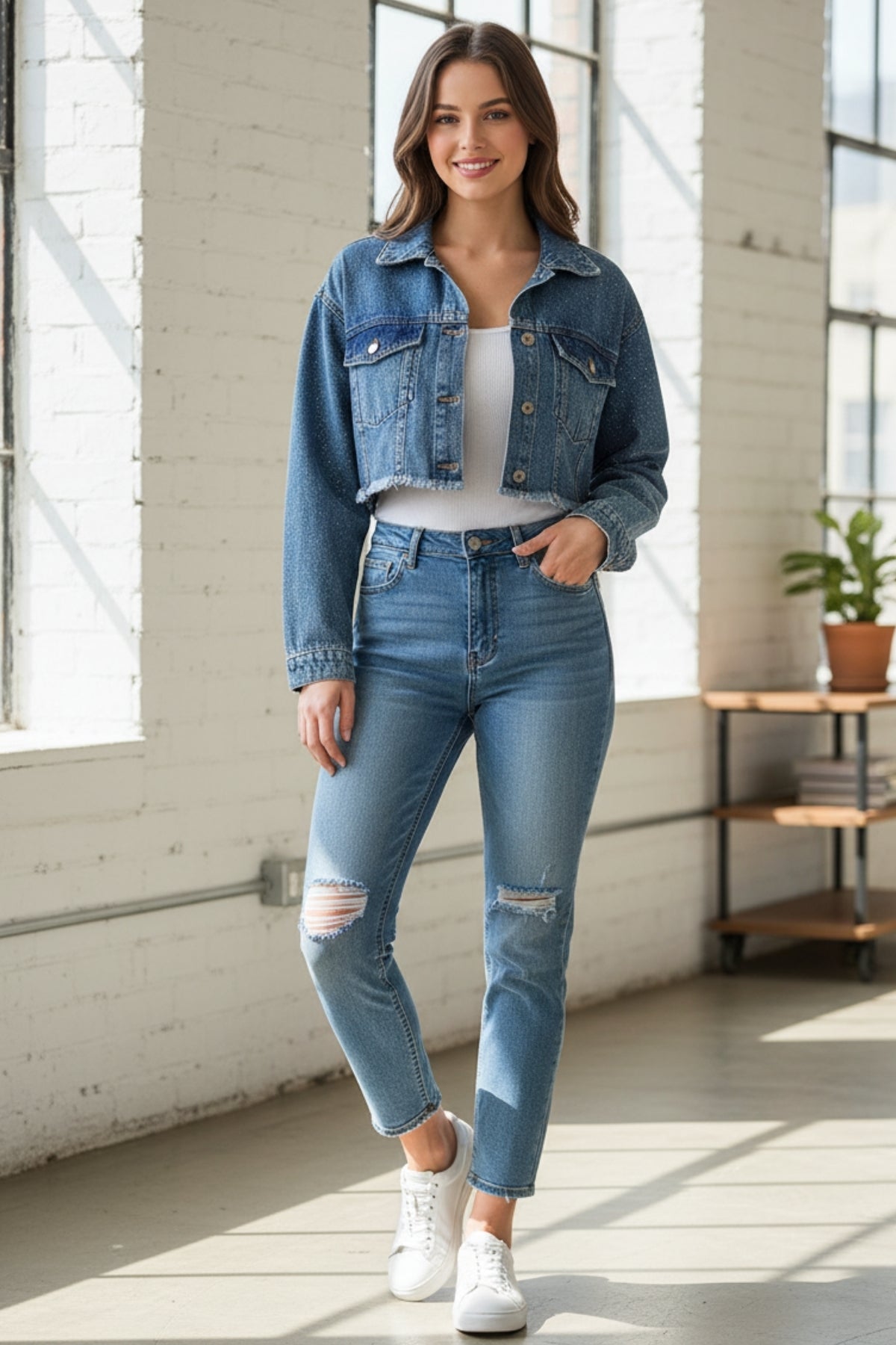 Kadın Taşlı Oversize Mavi Kot Ceket