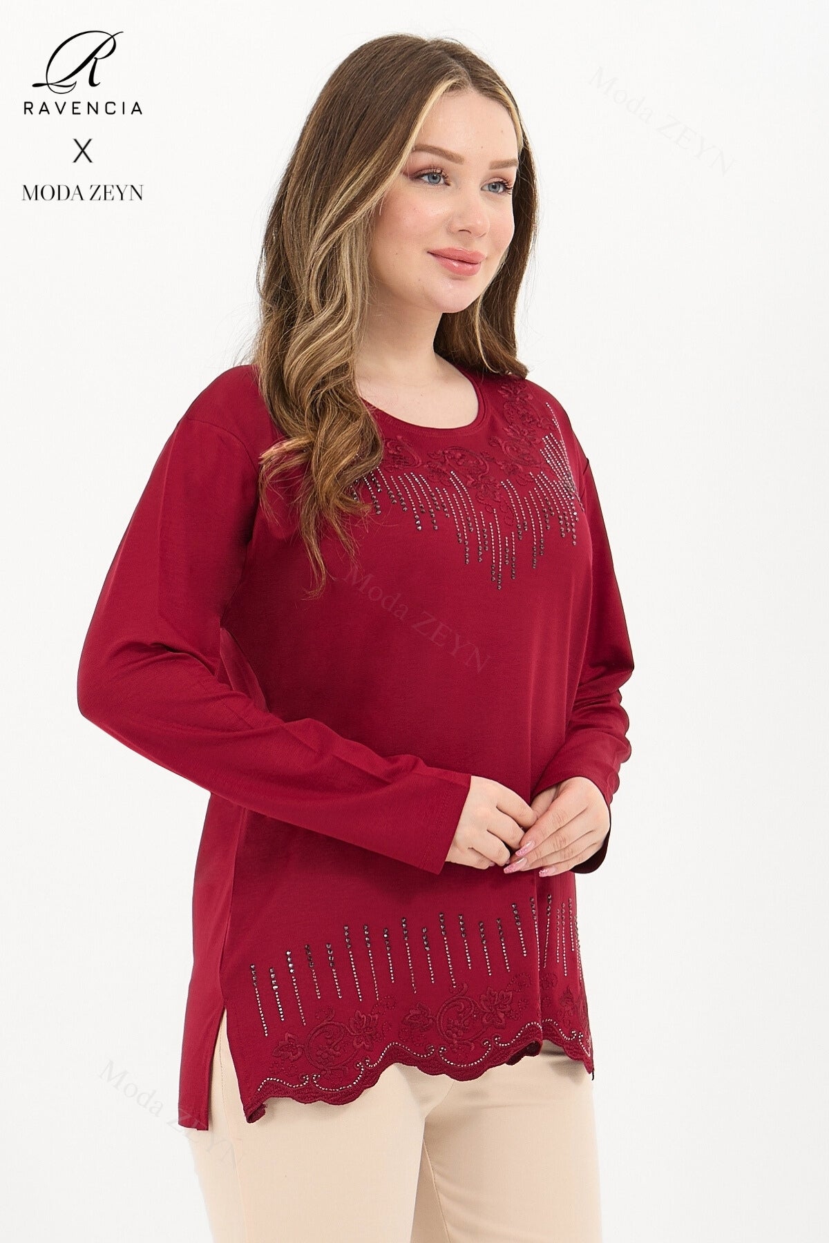 Kadın Orta Yaş Ve Üzeri Viskon Damla Yaprak Desen Taşlı Işlemeli Likralı Zümrüt Anne Penye Bluz