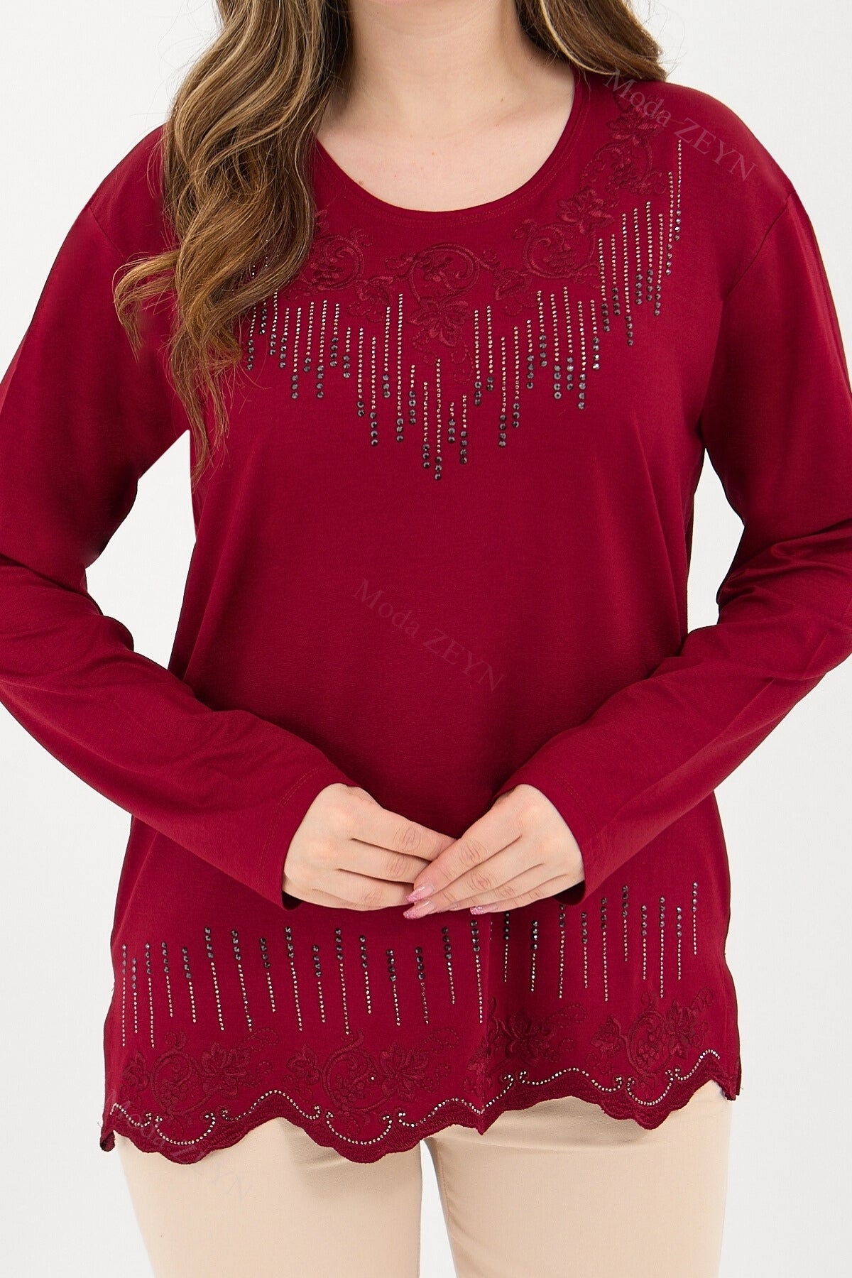Kadın Orta Yaş Ve Üzeri Viskon Damla Yaprak Desen Taşlı Işlemeli Likralı Zümrüt Anne Penye Bluz