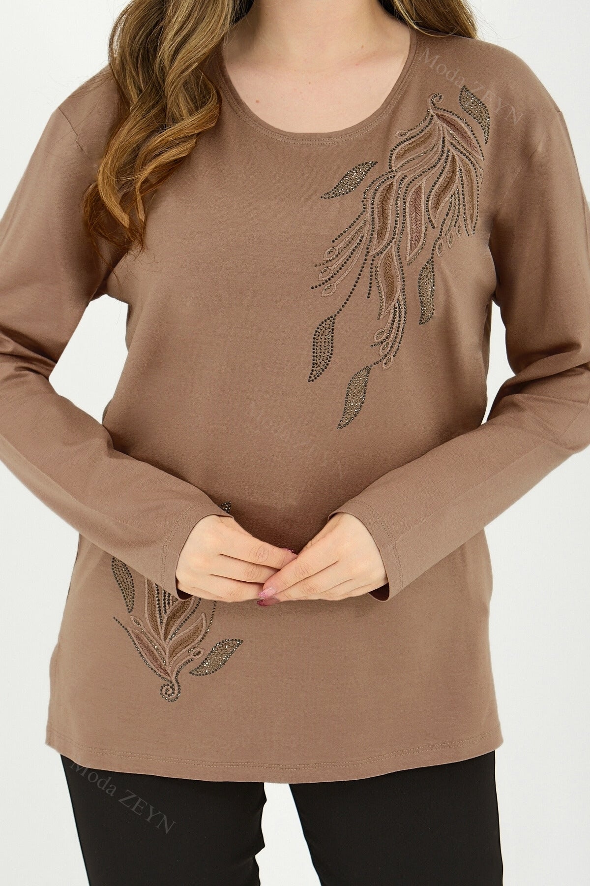 Kadın Viskon Renkli Yaprak Desen Taşlı İşlemeli Likralı Anne Penye Bluz