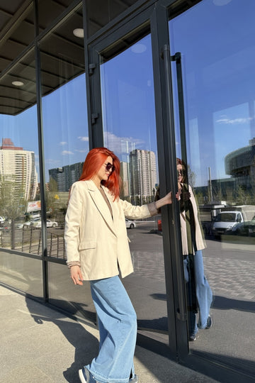 Kadın Cepli Kol Detaylı Krem Blazer Ceket