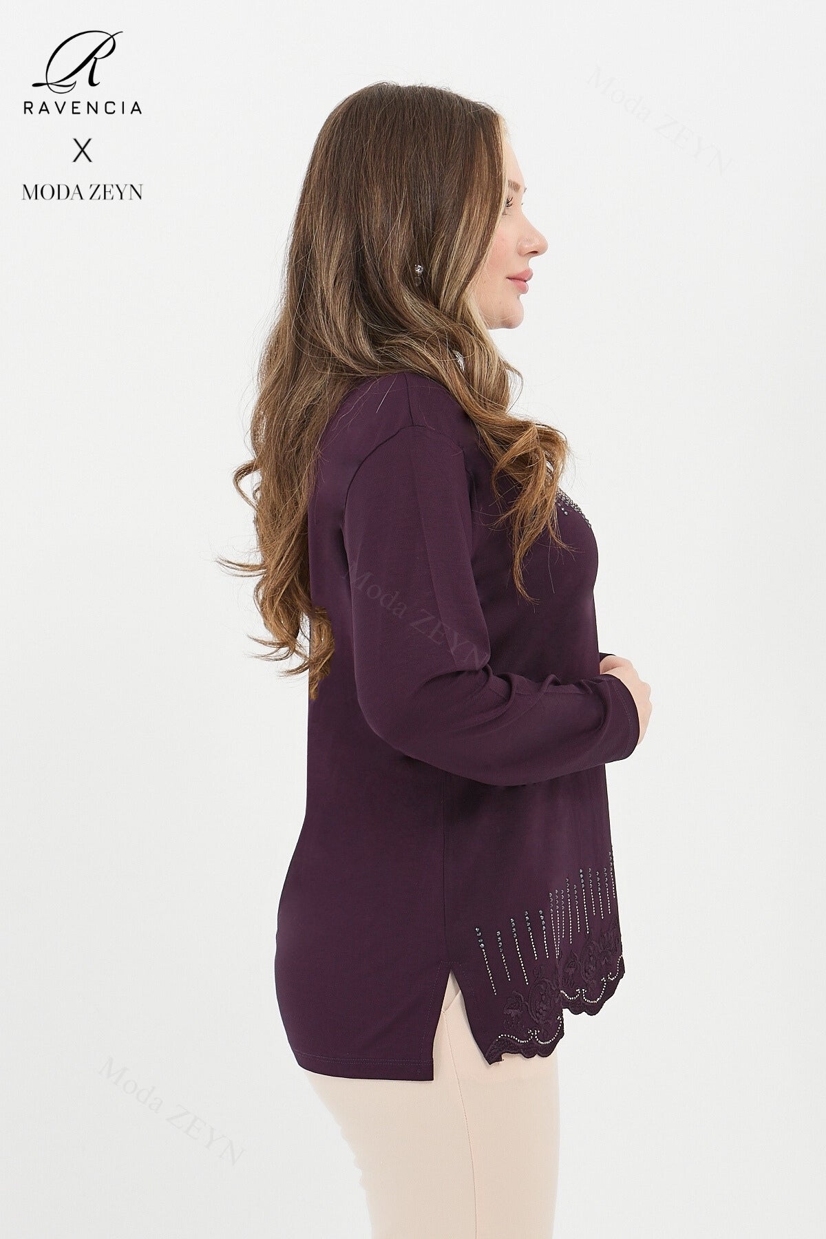 Kadın Orta Yaş Ve Üzeri Viskon Damla Yaprak Desen Taşlı Işlemeli Likralı Zümrüt Anne Penye Bluz