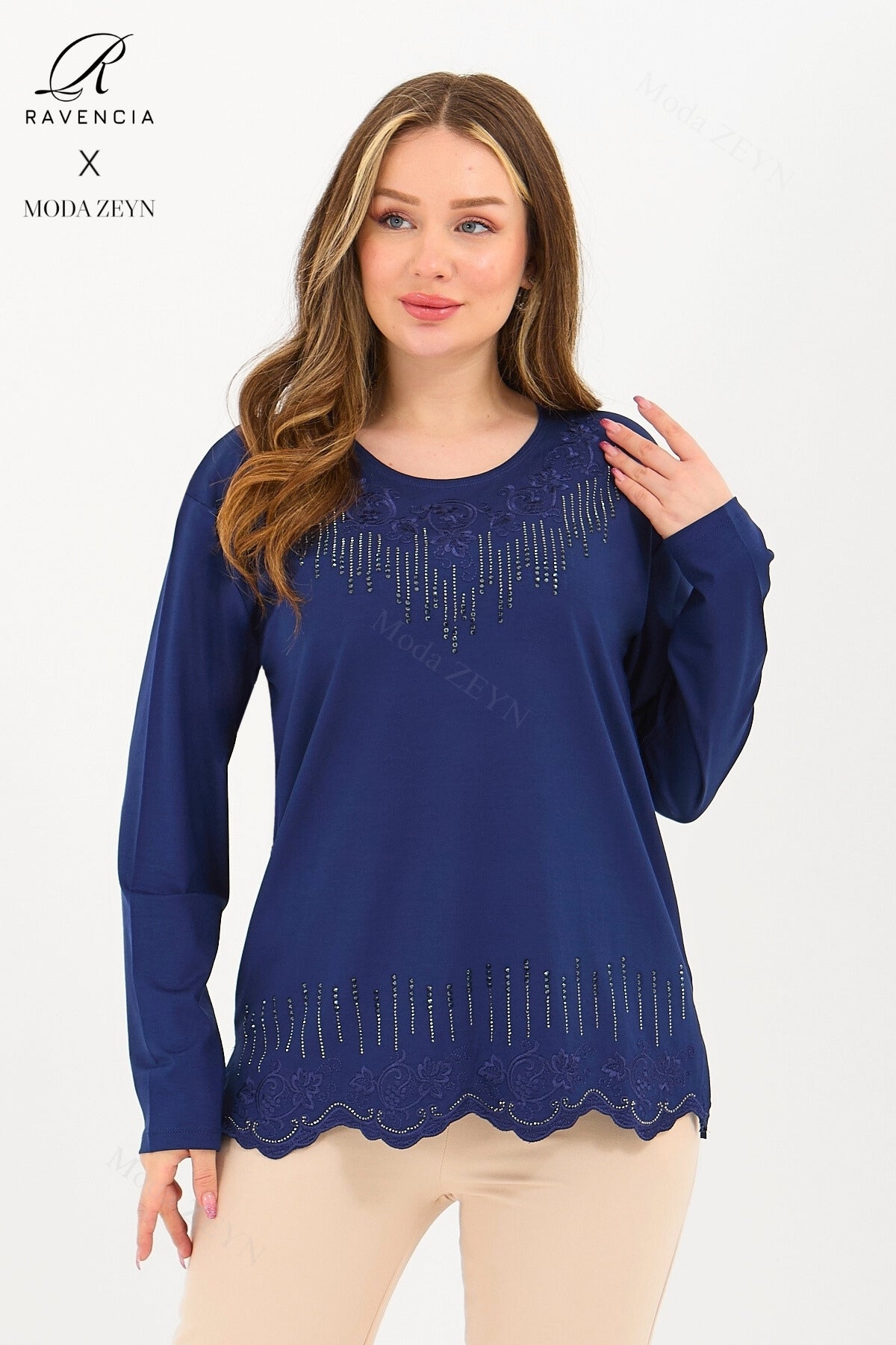 Kadın Orta Yaş Ve Üzeri Viskon Damla Yaprak Desen Taşlı Işlemeli Likralı Zümrüt Anne Penye Bluz