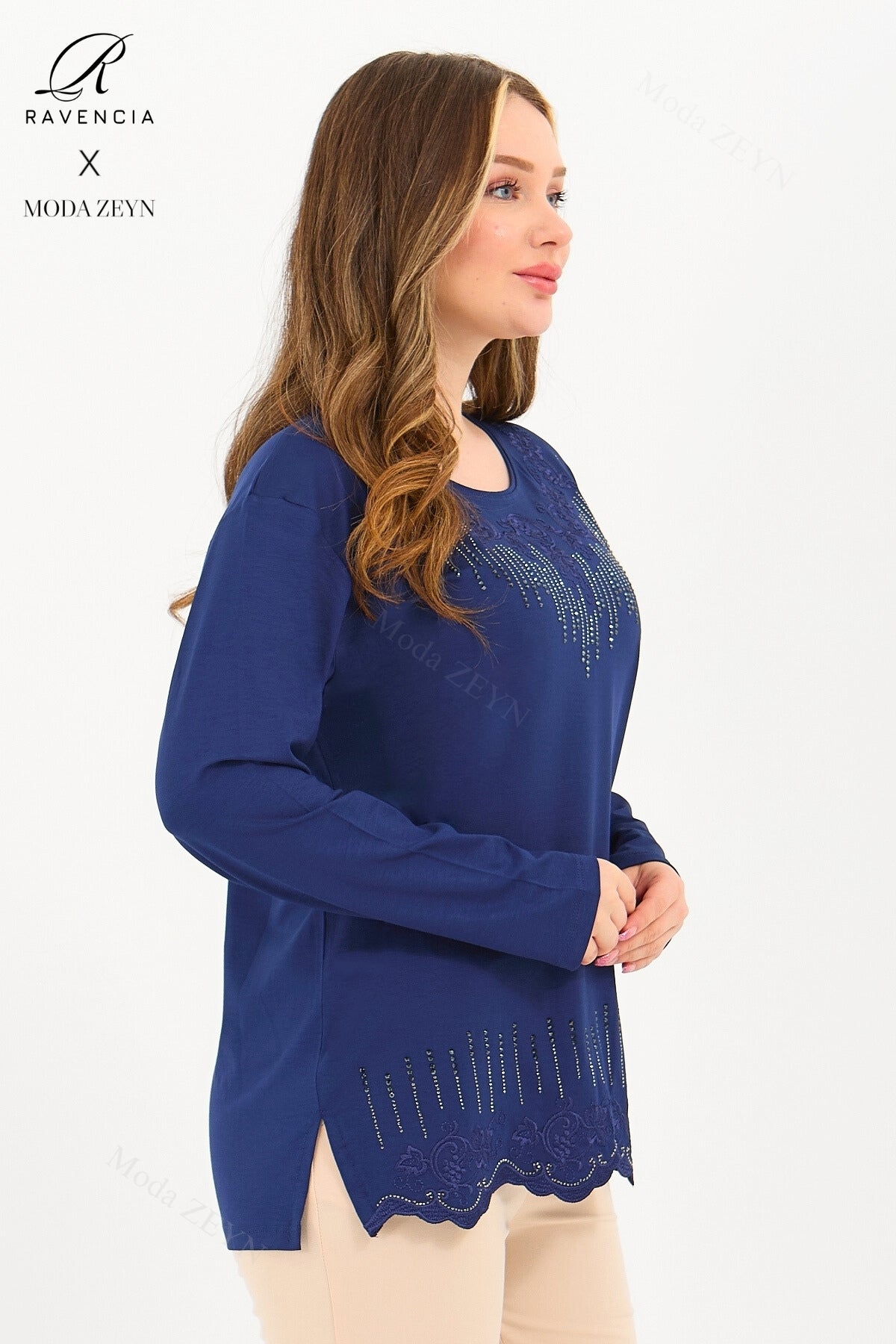 Kadın Orta Yaş Ve Üzeri Viskon Damla Yaprak Desen Taşlı Işlemeli Likralı Zümrüt Anne Penye Bluz