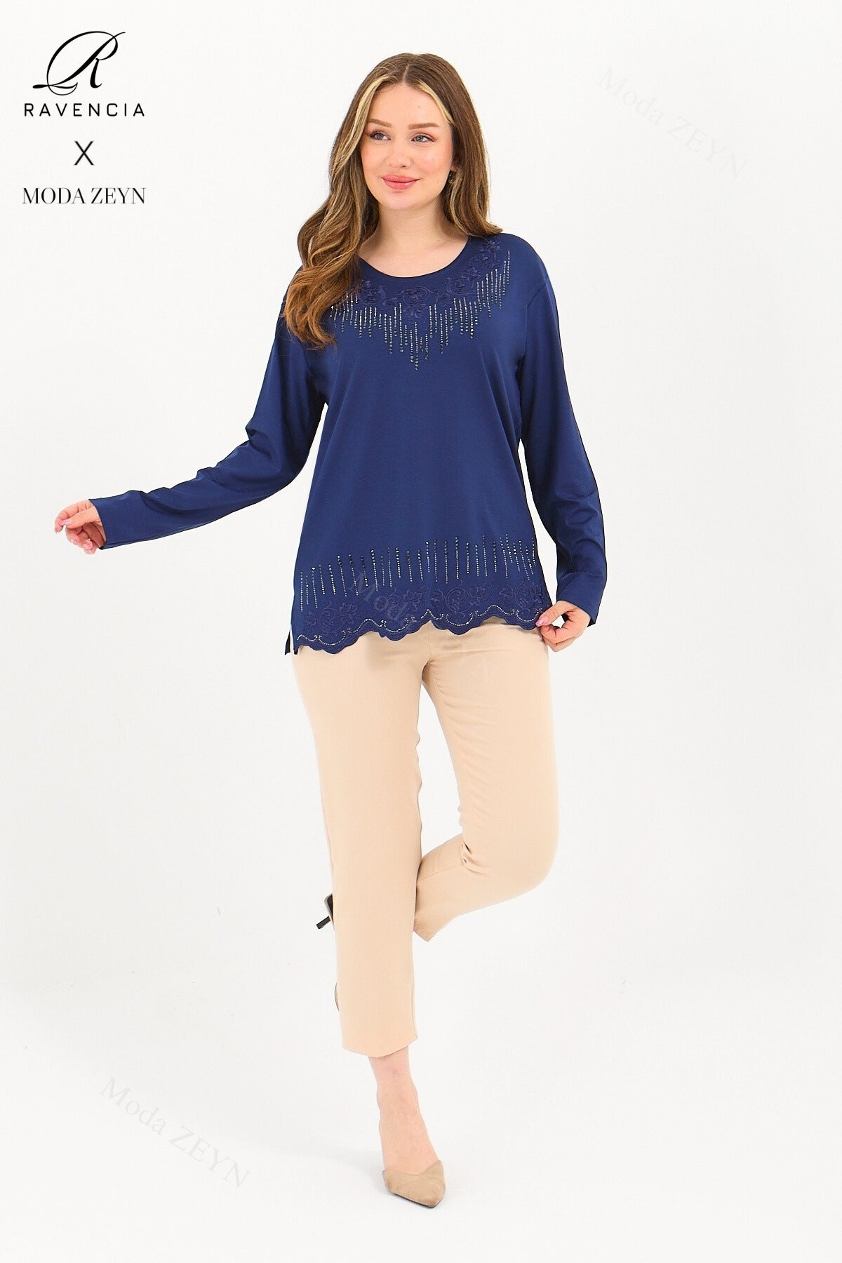 Kadın Orta Yaş Ve Üzeri Viskon Damla Yaprak Desen Taşlı Işlemeli Likralı Zümrüt Anne Penye Bluz