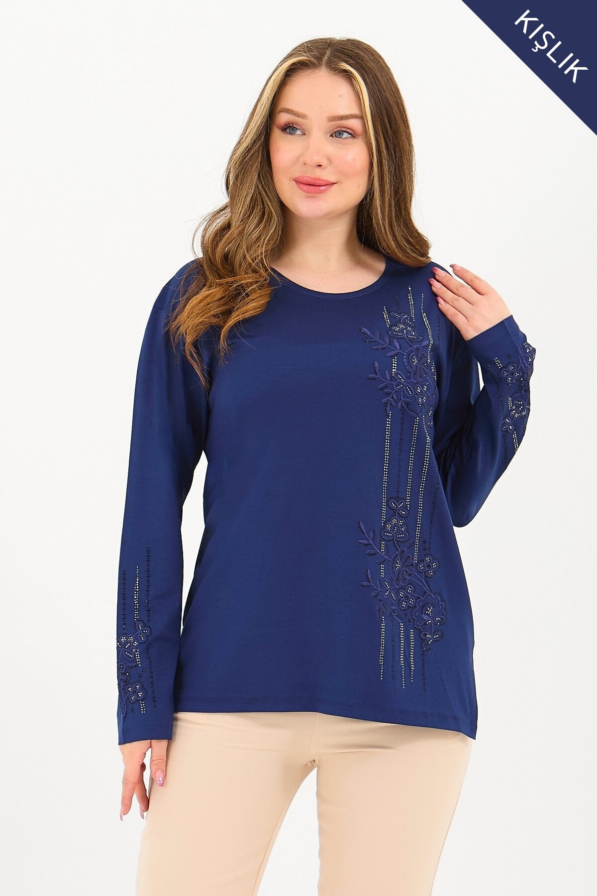 Kadın Kışlık Orta Yaş Ve Üzeri Viskon Şerit Desen Taşlı Işlemeli Likralı Anne Penye Bluz