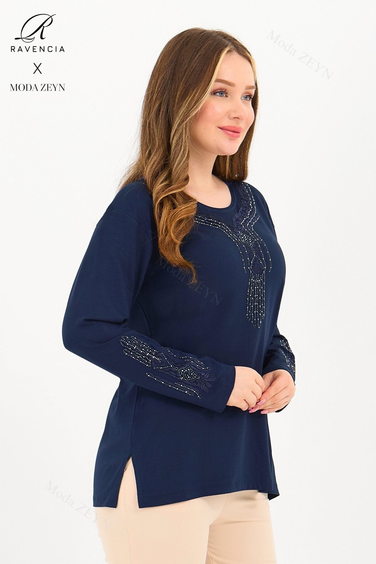 Kadın Orta Yaş Ve Üzeri Viskon Madolyon Desen Taşlı Işlemeli Likralı Anne Penye Bluz