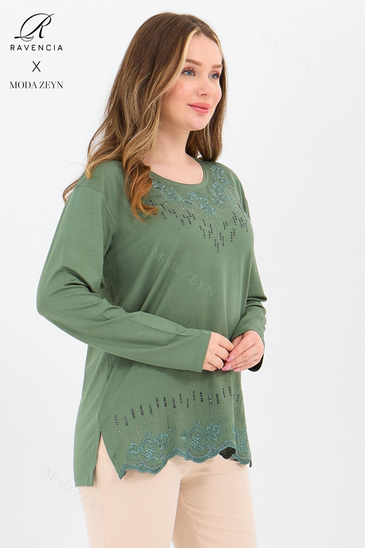 Kadın Orta Yaş Ve Üzeri Viskon Damla Yaprak Desen Taşlı Işlemeli Likralı Zümrüt Anne Penye Bluz