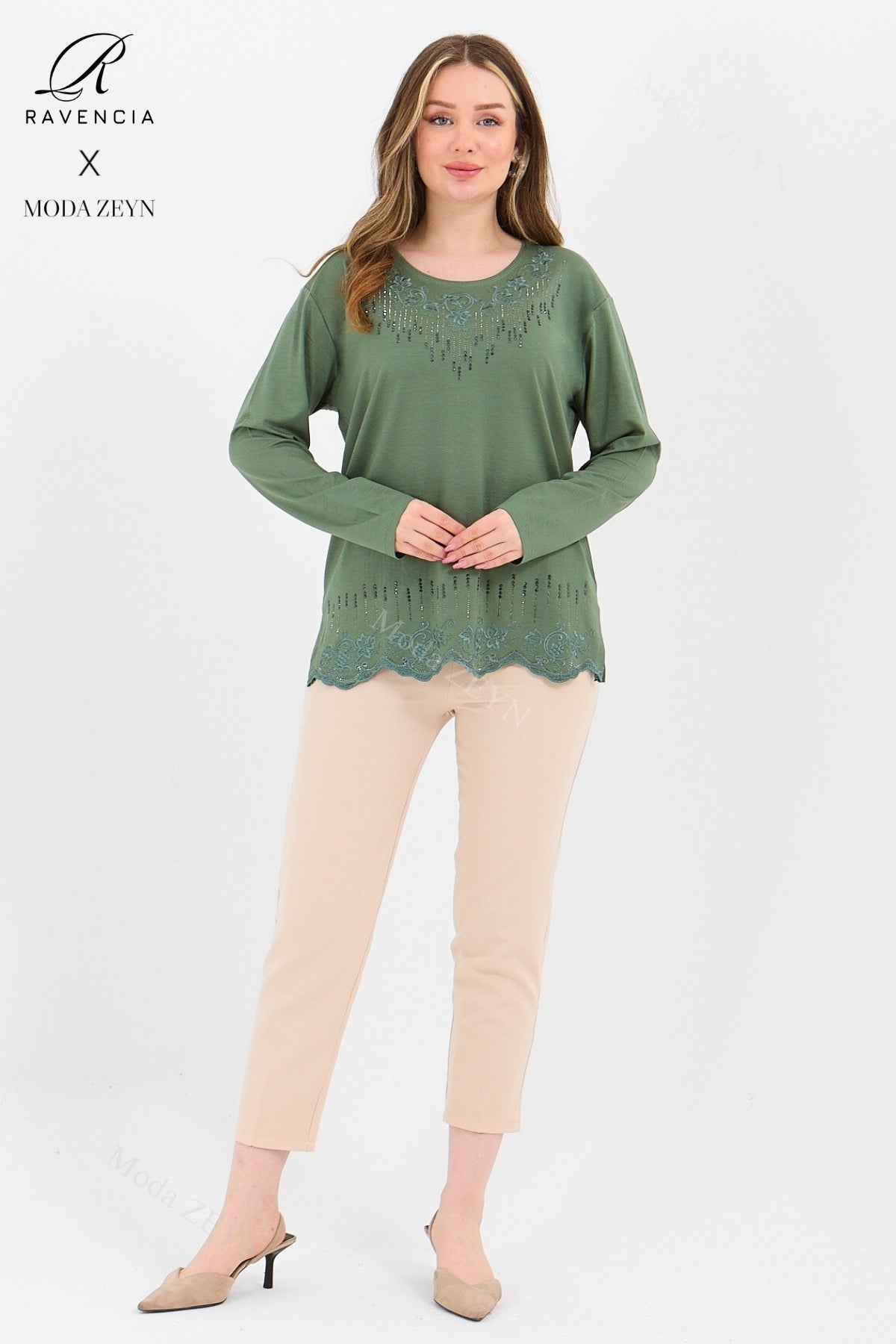 Kadın Orta Yaş Ve Üzeri Viskon Damla Yaprak Desen Taşlı Işlemeli Likralı Zümrüt Anne Penye Bluz