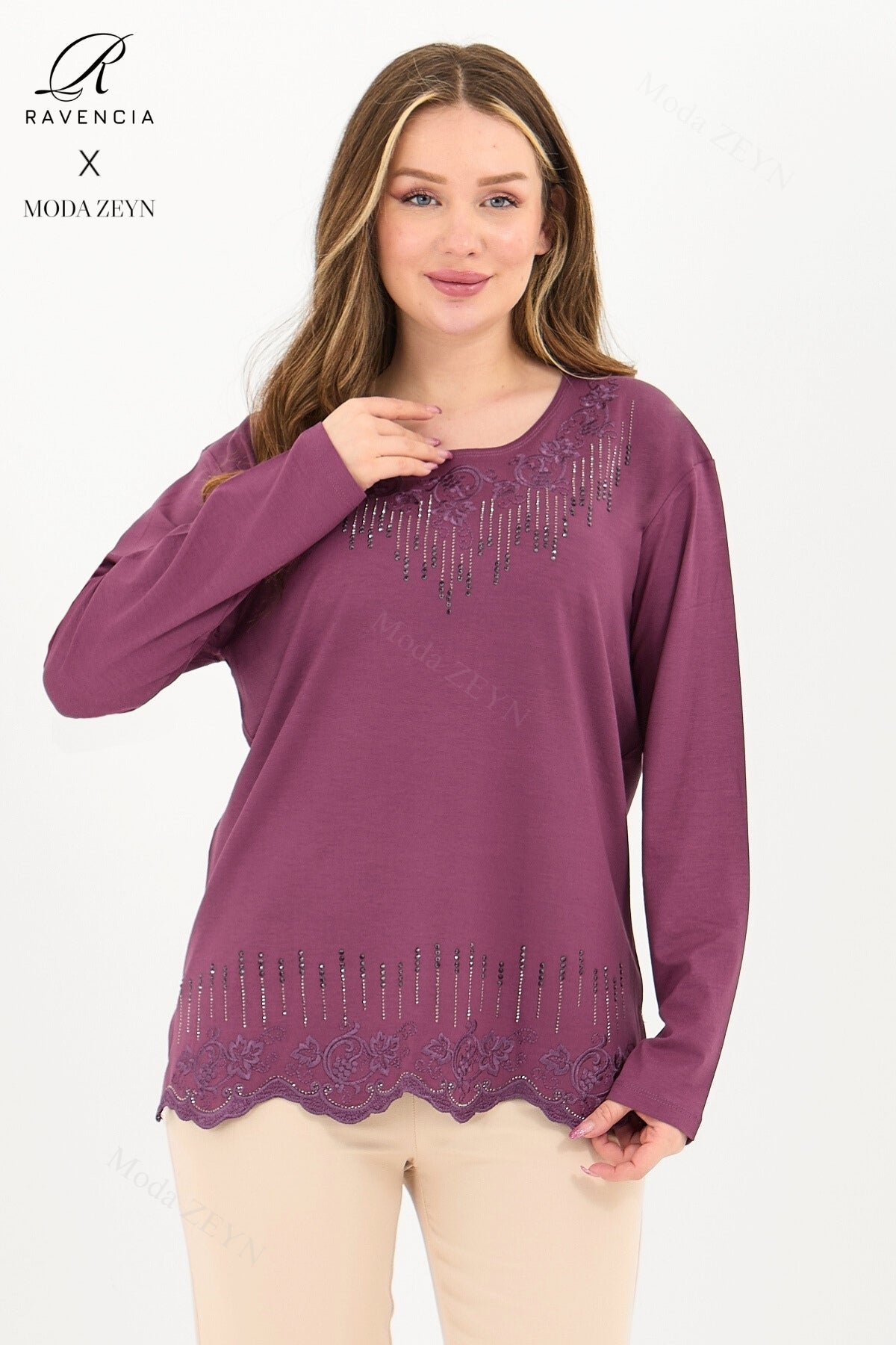 Kadın Orta Yaş Ve Üzeri Viskon Damla Yaprak Desen Taşlı Işlemeli Likralı Zümrüt Anne Penye Bluz