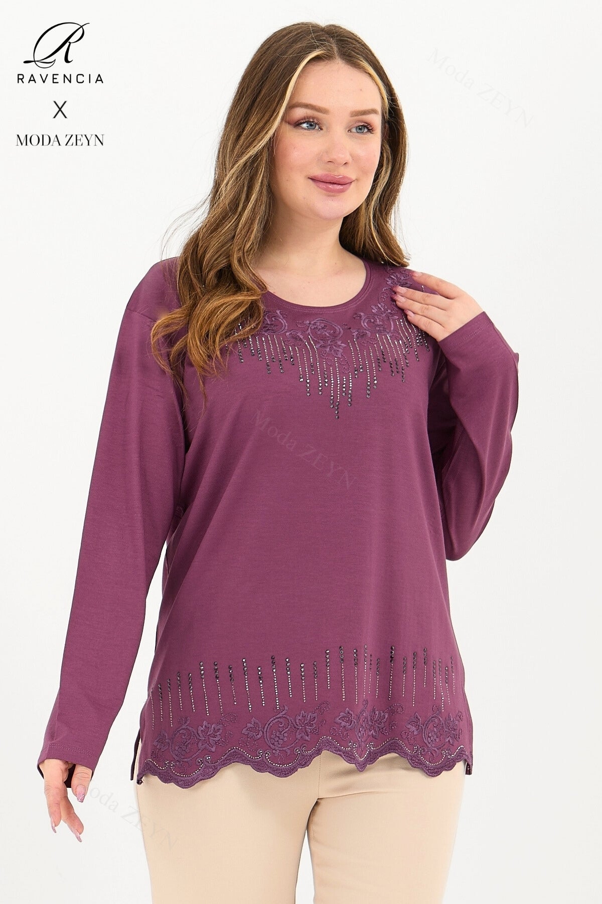 Kadın Orta Yaş Ve Üzeri Viskon Damla Yaprak Desen Taşlı Işlemeli Likralı Zümrüt Anne Penye Bluz