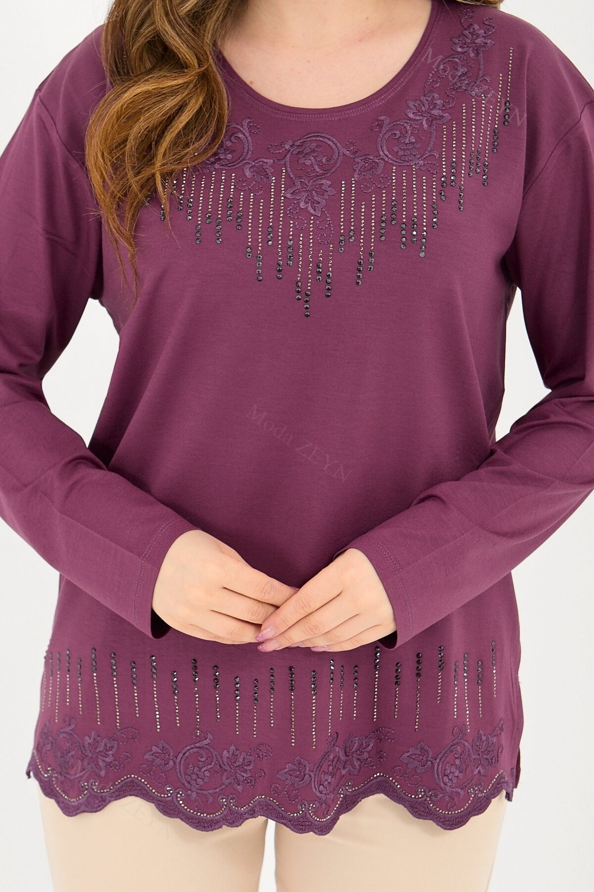 Kadın Orta Yaş Ve Üzeri Viskon Damla Yaprak Desen Taşlı Işlemeli Likralı Zümrüt Anne Penye Bluz