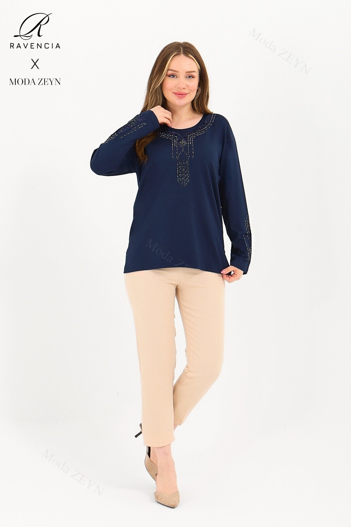 Kadın Orta Yaş Ve Üzeri Viskon Madolyon Desen Taşlı Işlemeli Likralı Anne Penye Bluz