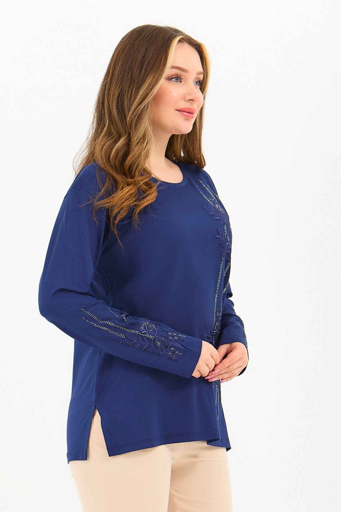 Kadın Kışlık Viskon Şerit Desen Taşlı Işlemeli Likralı Anne Penye Bluz