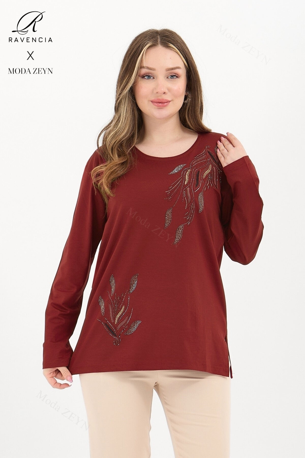 Kadın Orta Yaş Ve Üzeri Viskon Renkli Yaprak Desen Taşlı İşlemeli Likralı Anne Penye Bluz